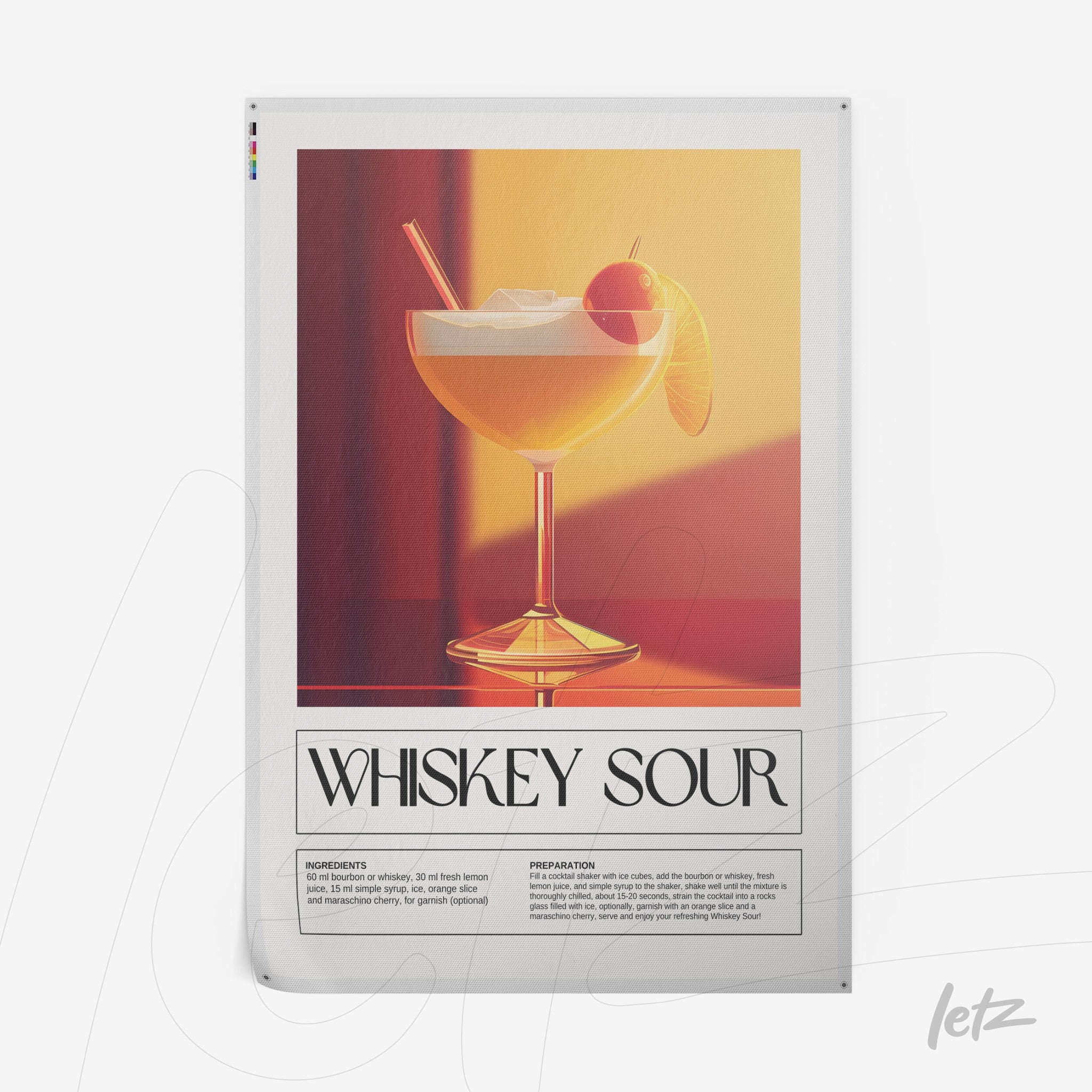 retro style artwork of whiskey sour cocktail in white frame with orange background