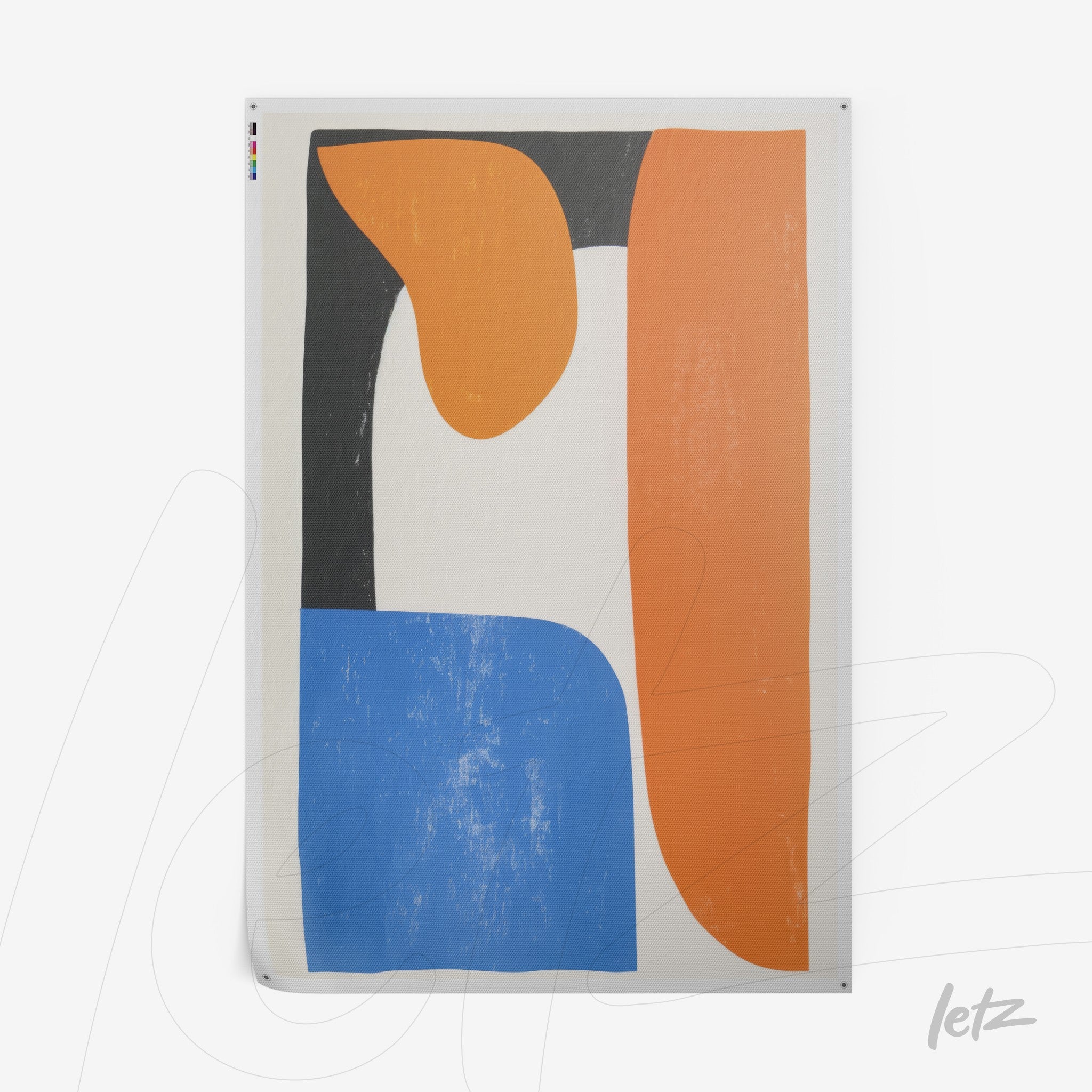 abstract wall art featuring orange, blue, and black organic shapes on a light background