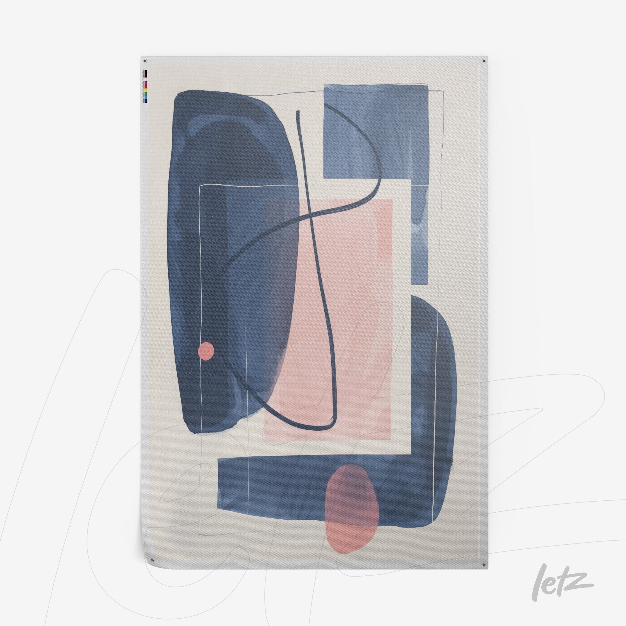 framed wall art featuring abstract design in shades of blue and pink on a light background with geometric shapes and fluid lines