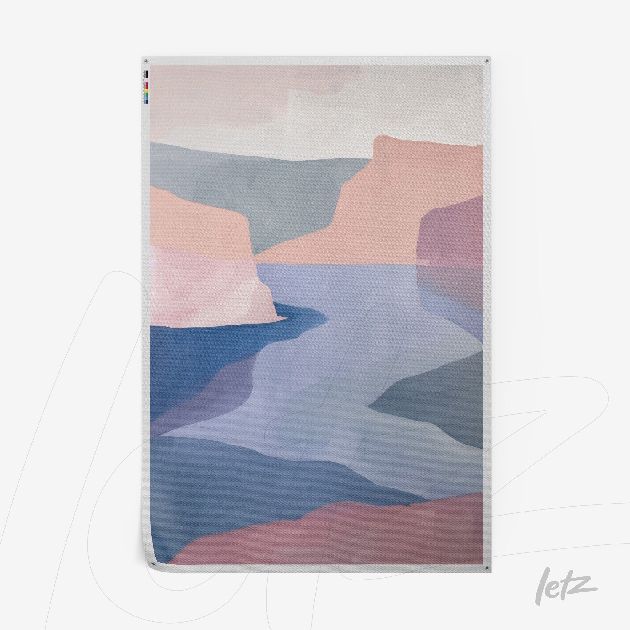 abstract wall art featuring a landscape in pastel shades of pink, blue, and lavender