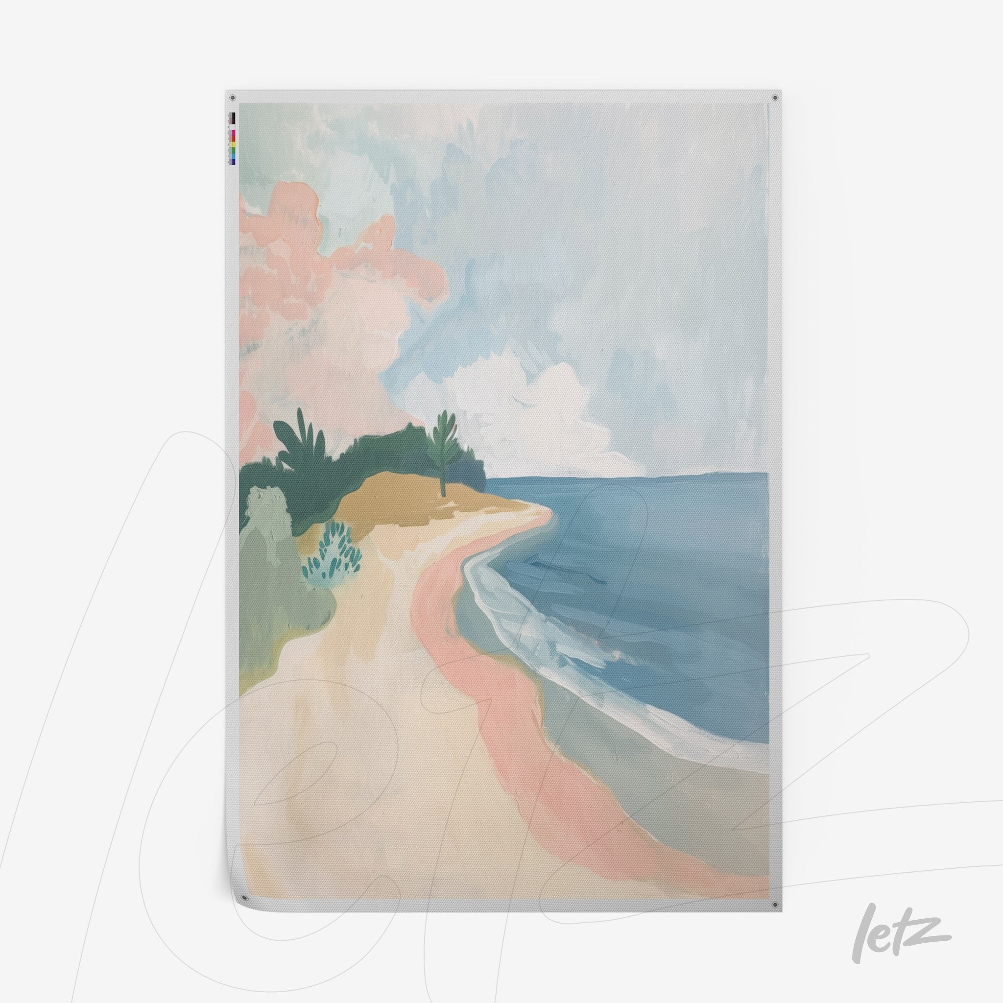 abstract wall art depicting a serene beach with light sand and coastal vegetation