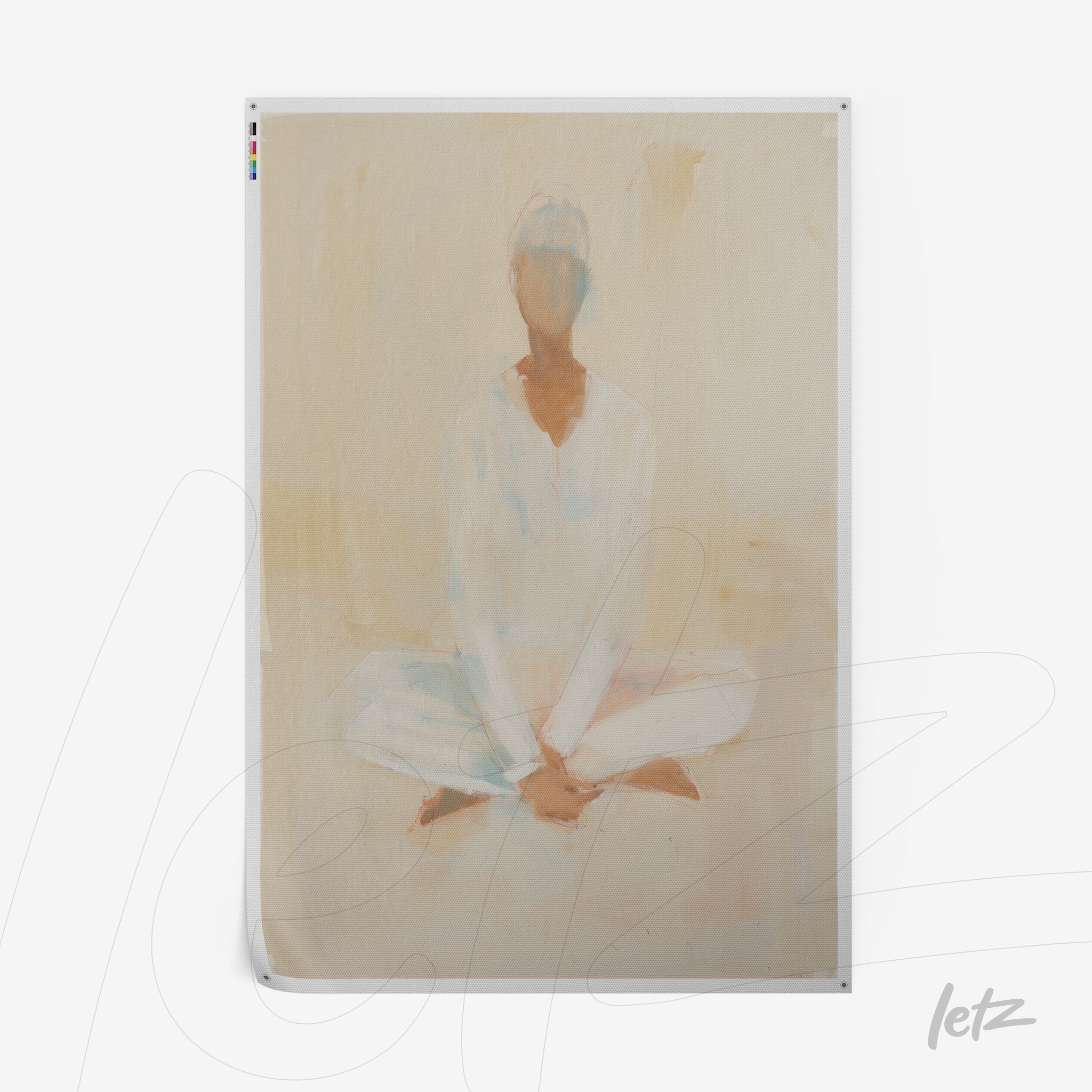 painting of a sitting human figure in meditation posture, featuring soft neutral tones in the background