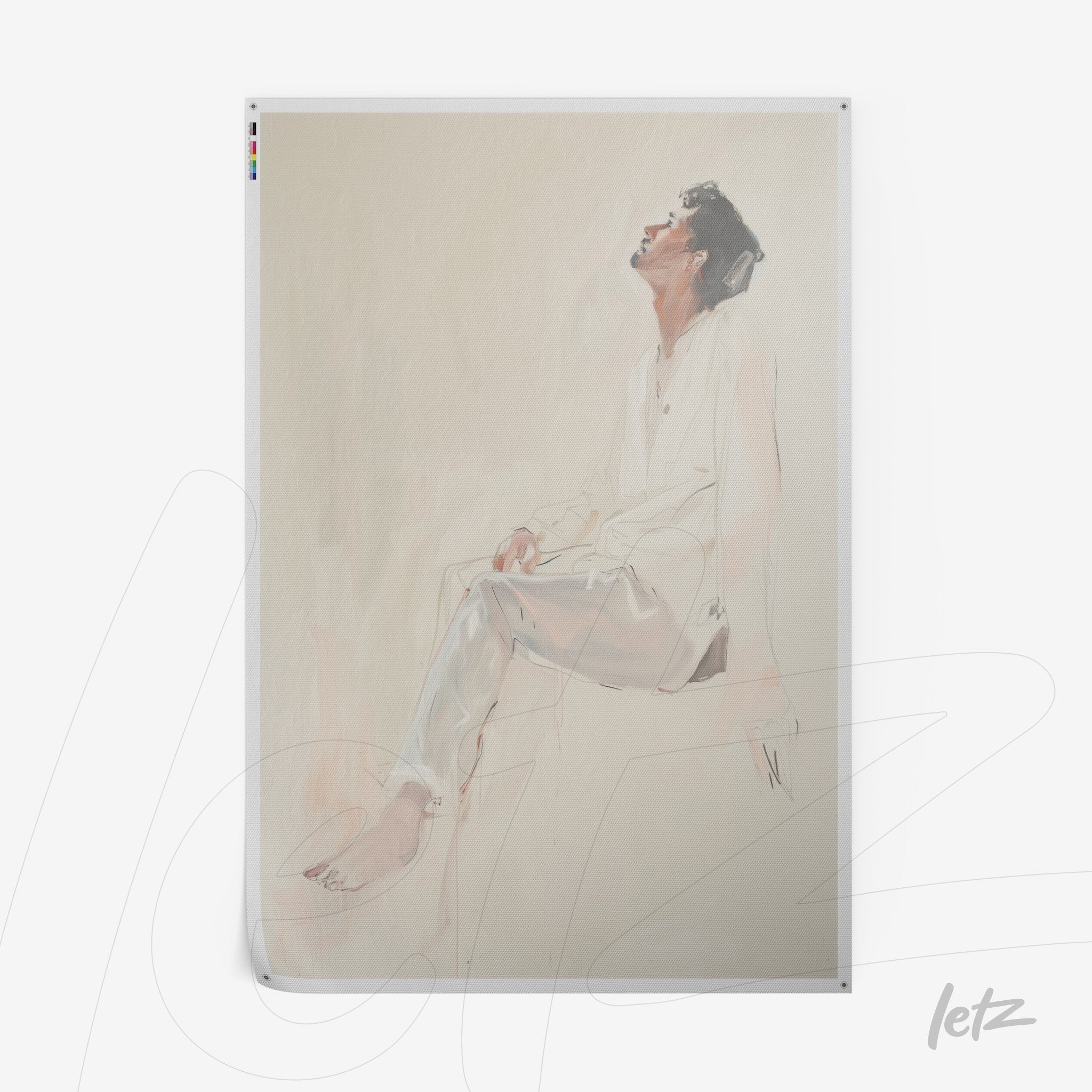 digital art of a seated man in white clothing with a contemplative expression against a soft background