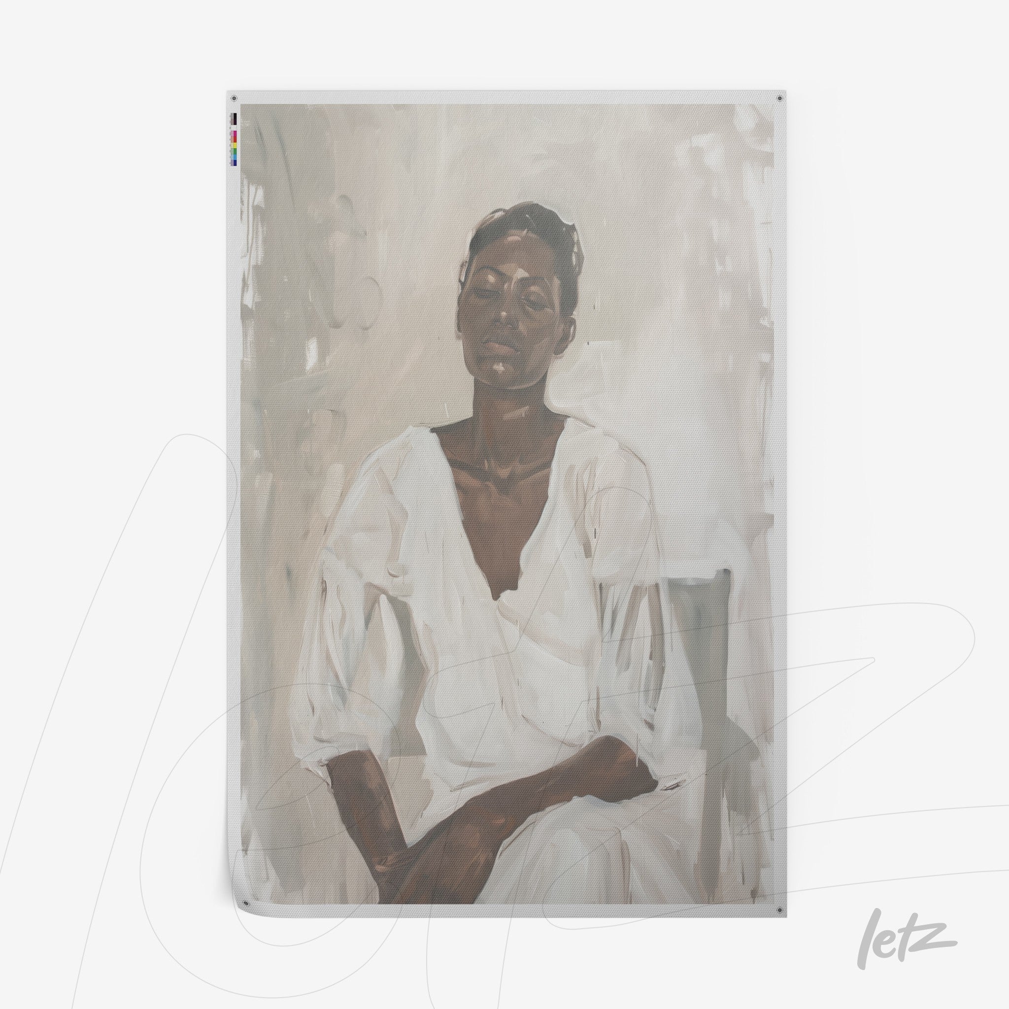 painting of a dark-skinned woman sitting in a serene pose, wearing a white outfit against a neutral background