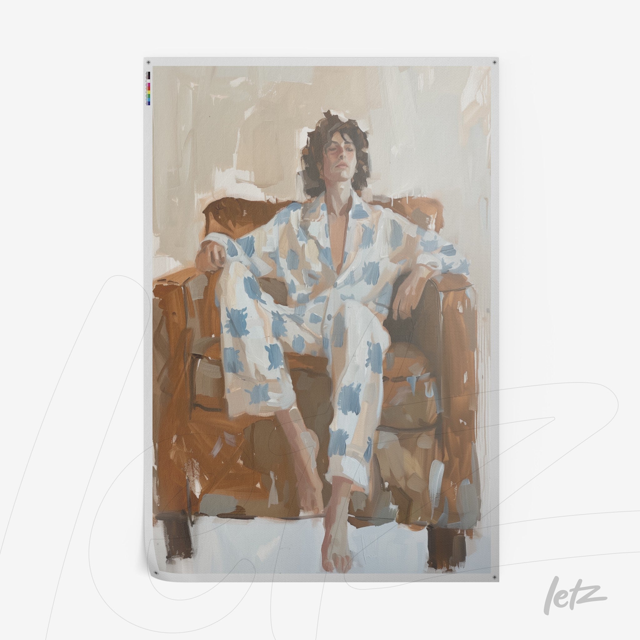 canvas artwork featuring a portrait of a person relaxing on a couch wearing blue patterned pajamas in contemporary artistic style