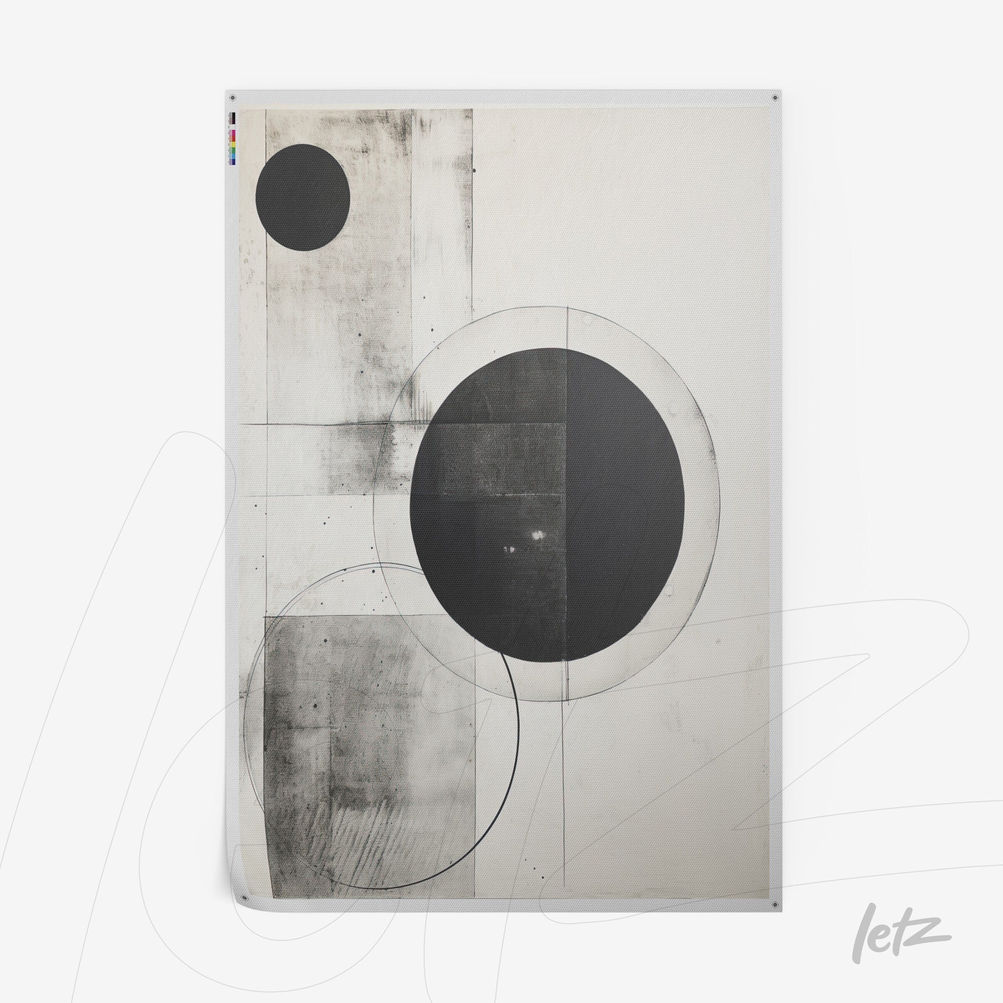 canvas artwork featuring an abstract composition in black and white with circular geometric shapes on a light background