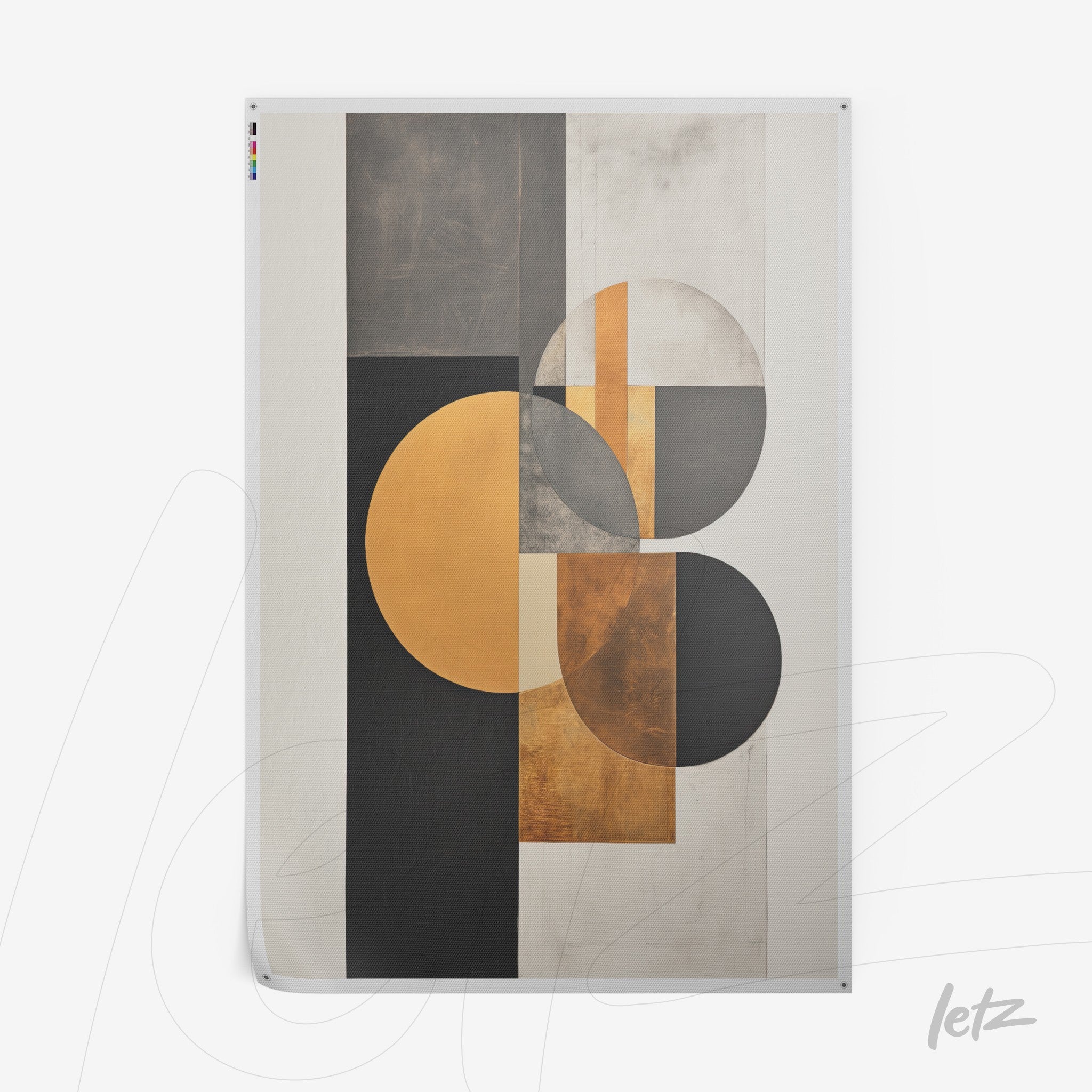 abstract wall art featuring geometric shapes in black, gray, and gold with circular and rectangular forms