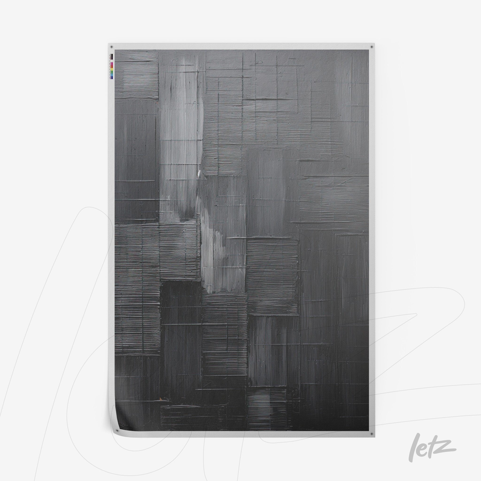 canvas artwork featuring abstract painting in shades of black and gray with textured layers