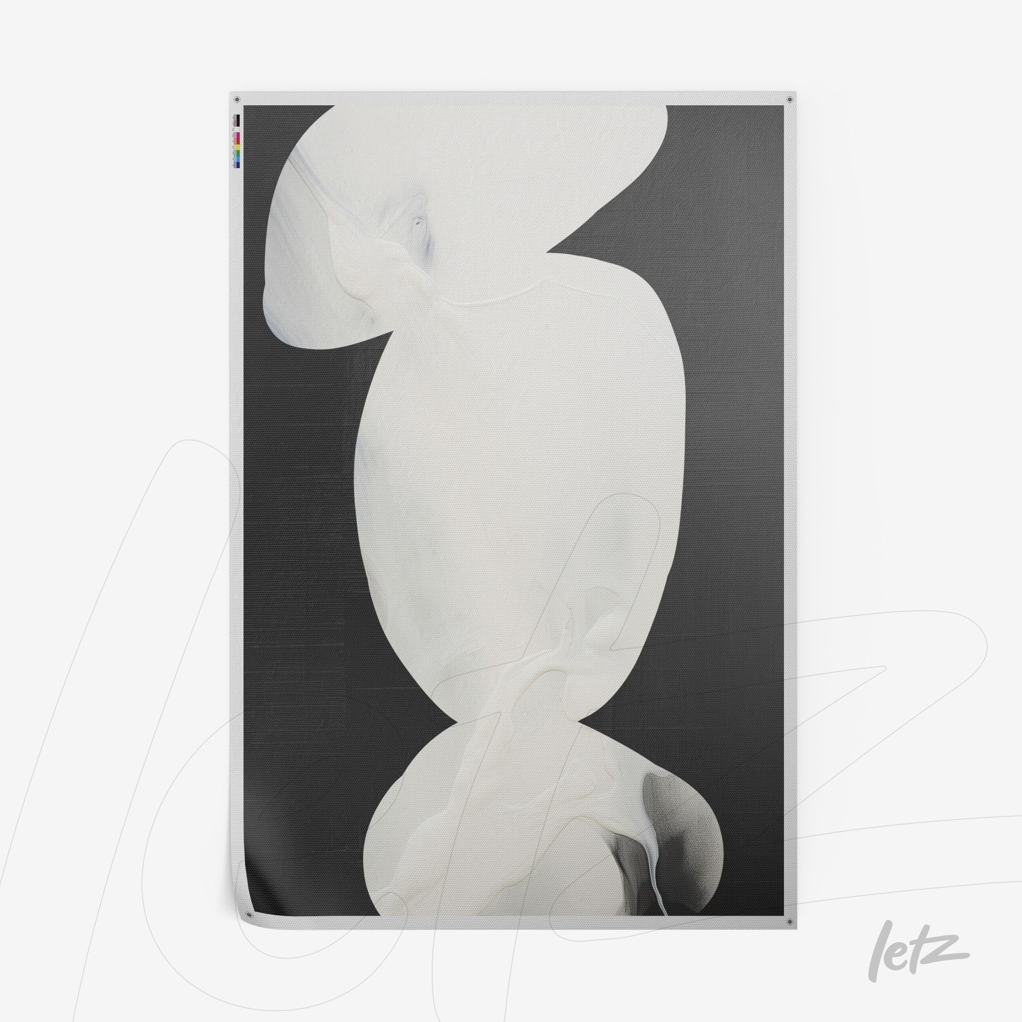 abstract wall art in shades of white and black featuring fluid shapes on a dark background