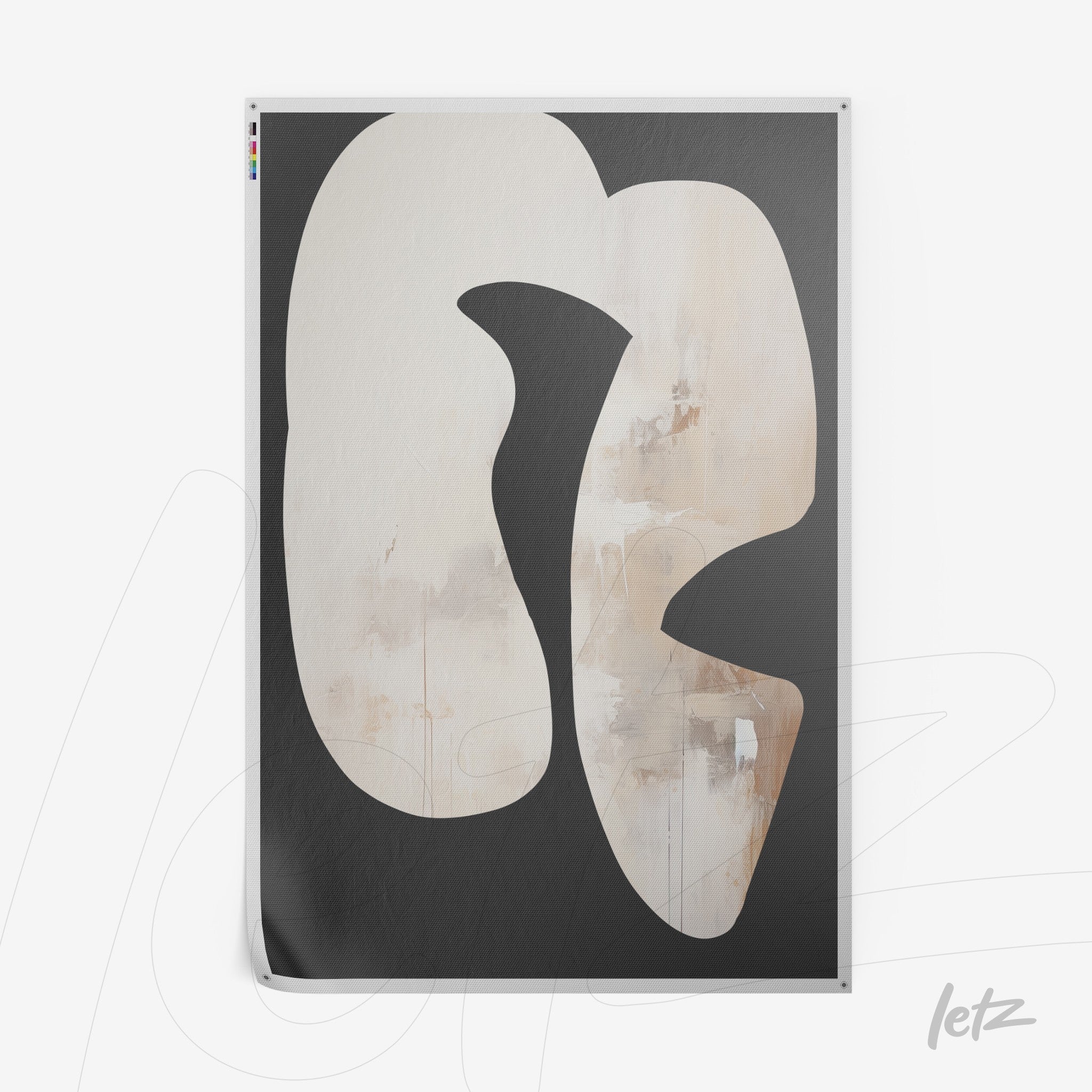abstract wall art featuring organic shapes in neutral tones on a black background