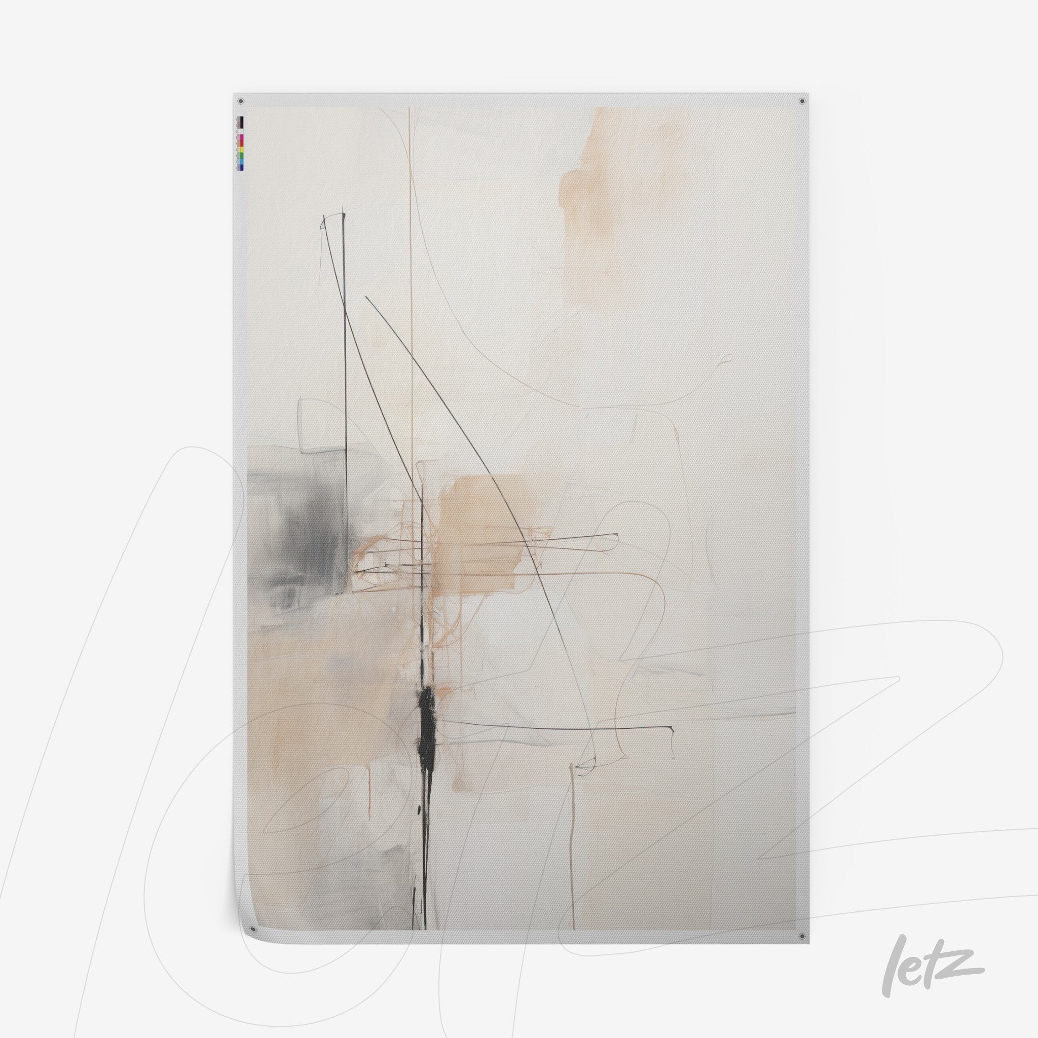 abstract wall art in neutral tones featuring black lines against a soft background