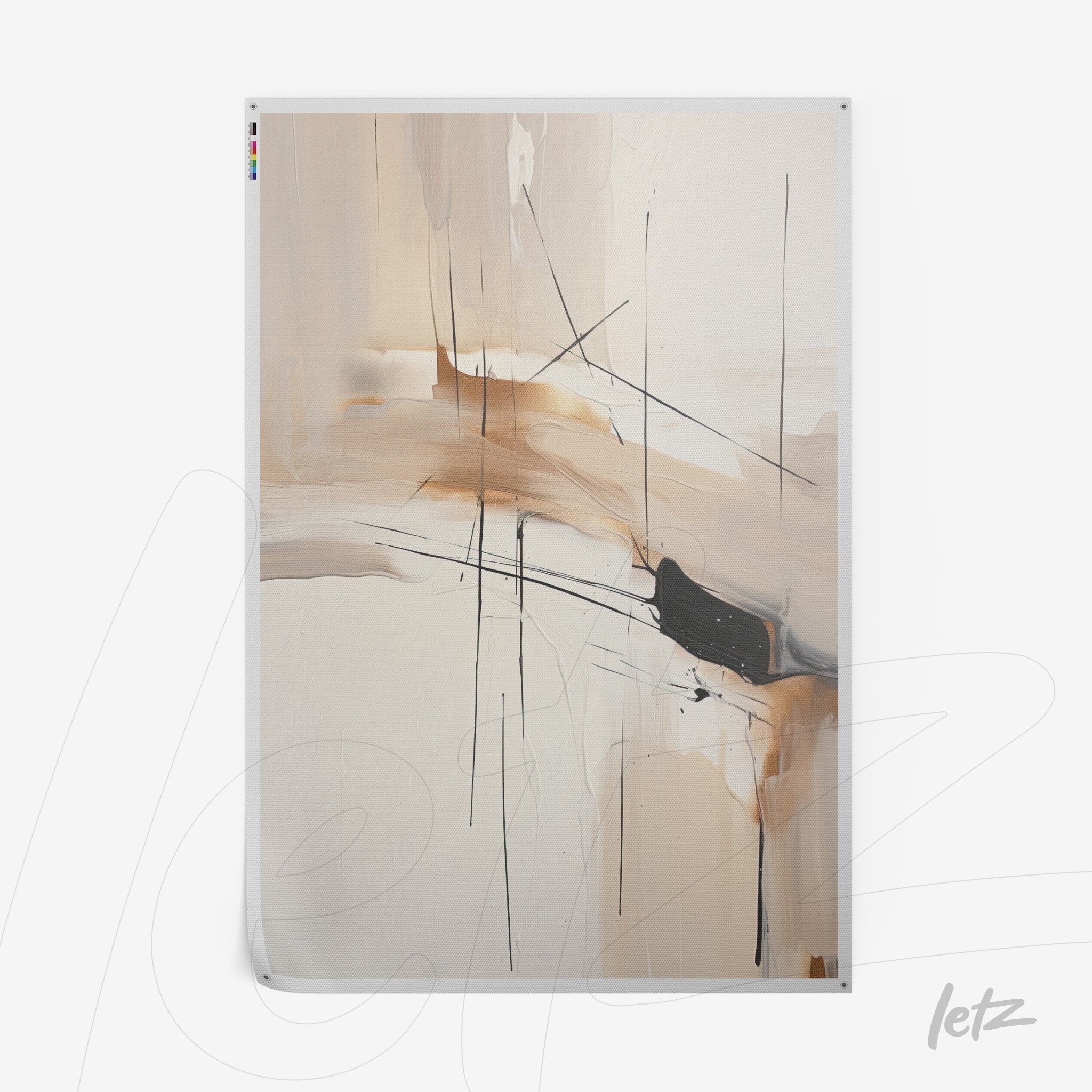 abstract artwork featuring neutral tones and black lines on a light background