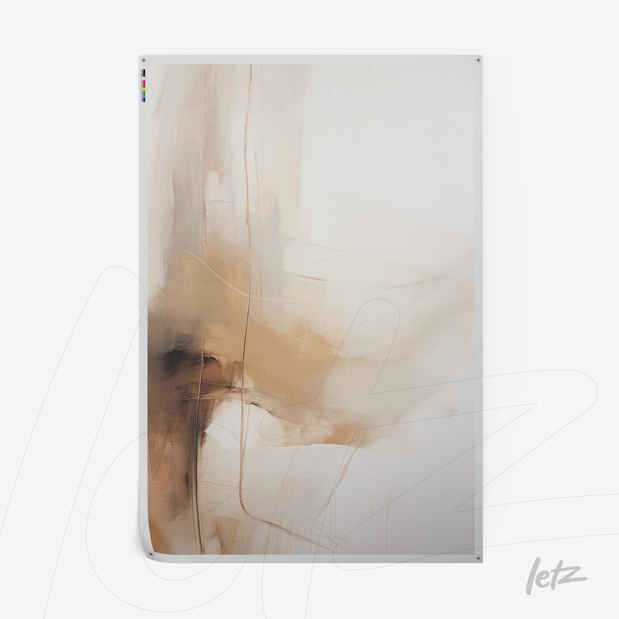 canvas artwork featuring abstract design in neutral tones with fluid shapes and subtle textures