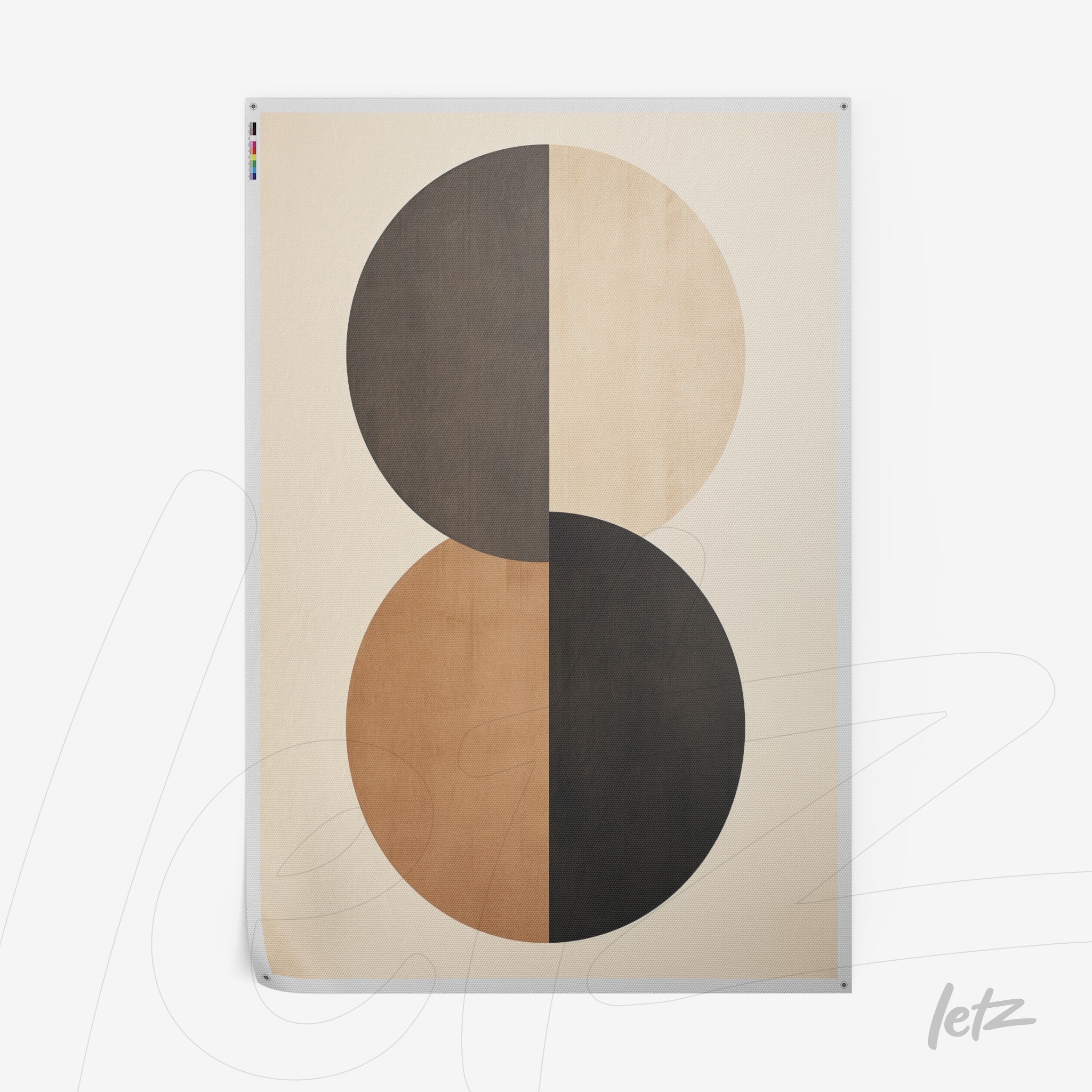 abstract art featuring circles in brown and black shades on a light background