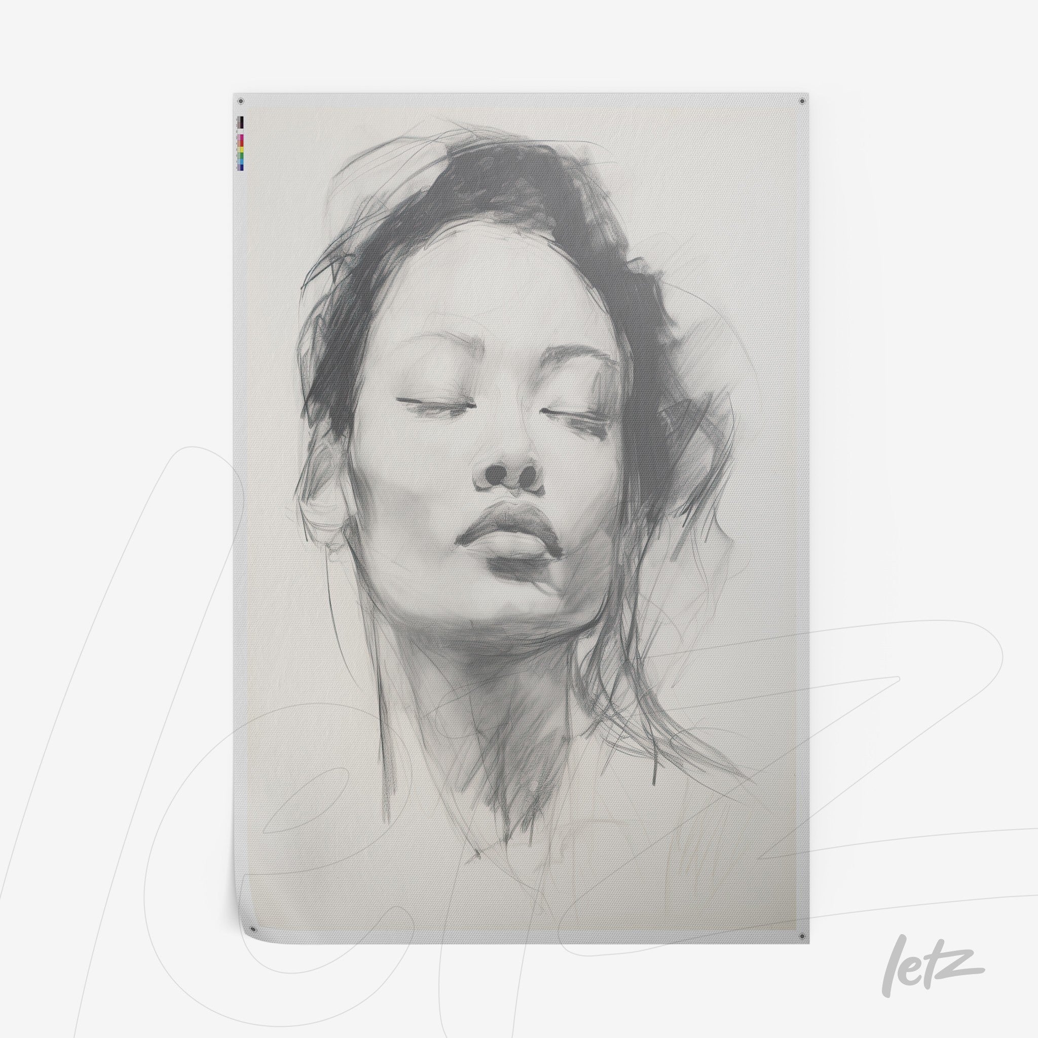 framed wall art featuring a pencil sketch of a serene female portrait with flowing hair