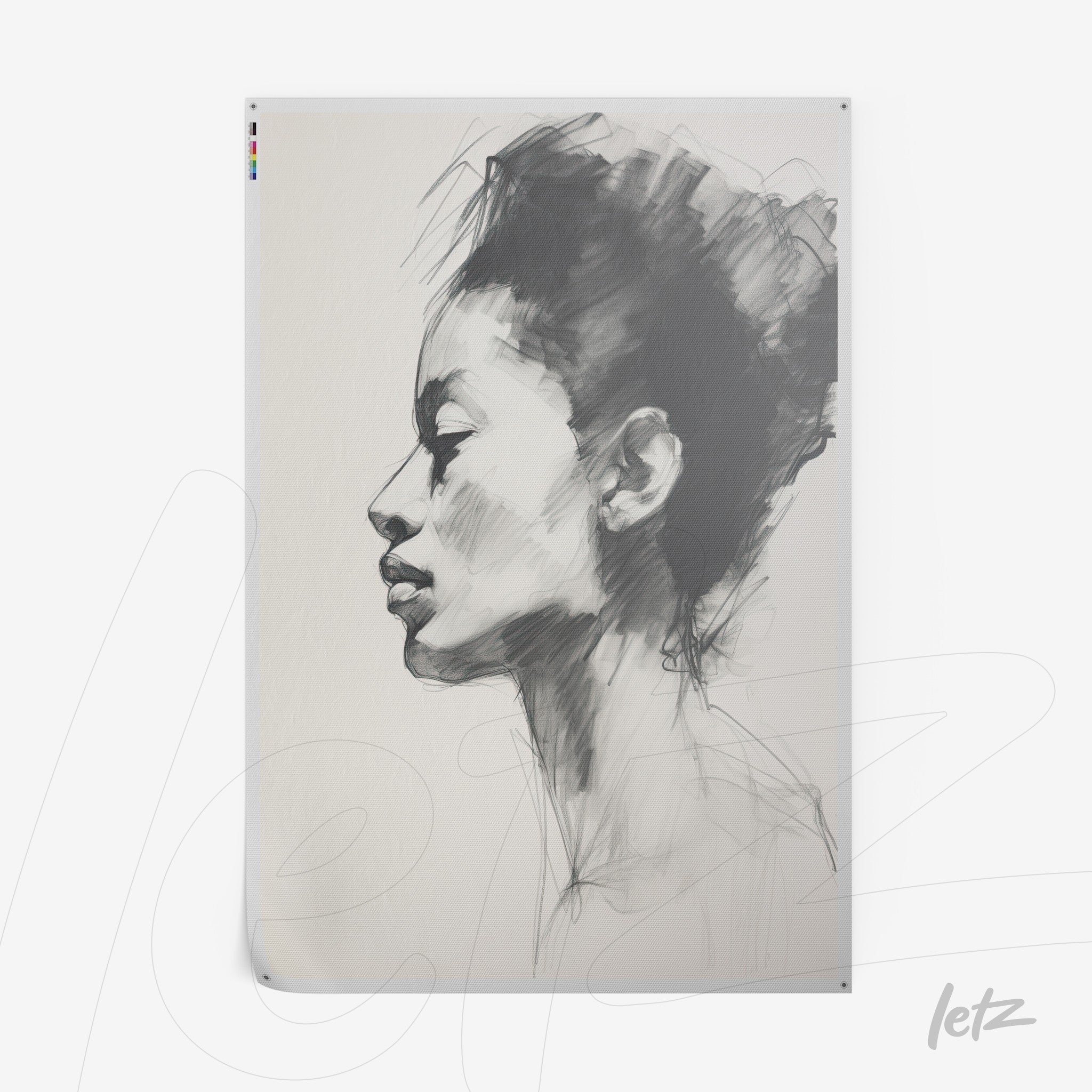 black and white profile portrait of a woman with soft strokes on a light background