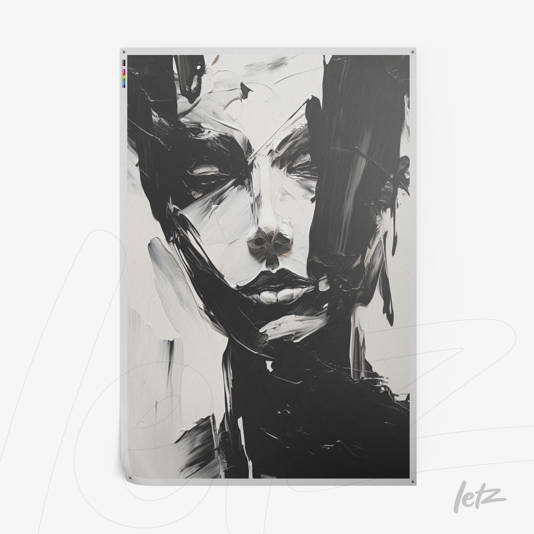 canvas artwork featuring an abstract black and white portrait of a female face