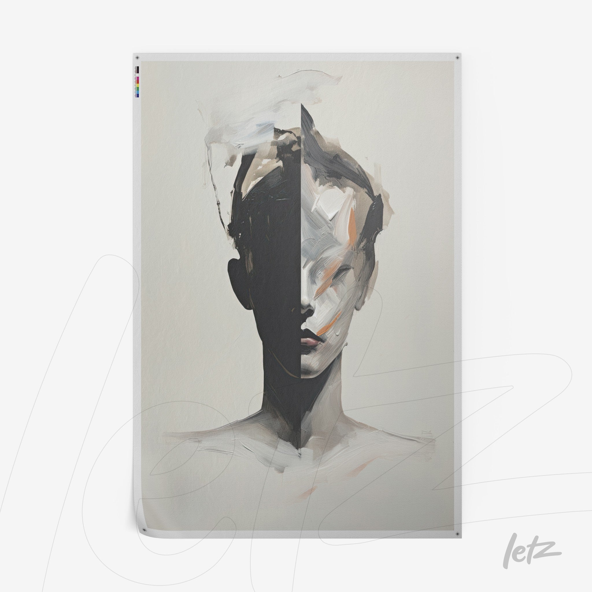 abstract artwork of a human face divided into neutral tones on a light background