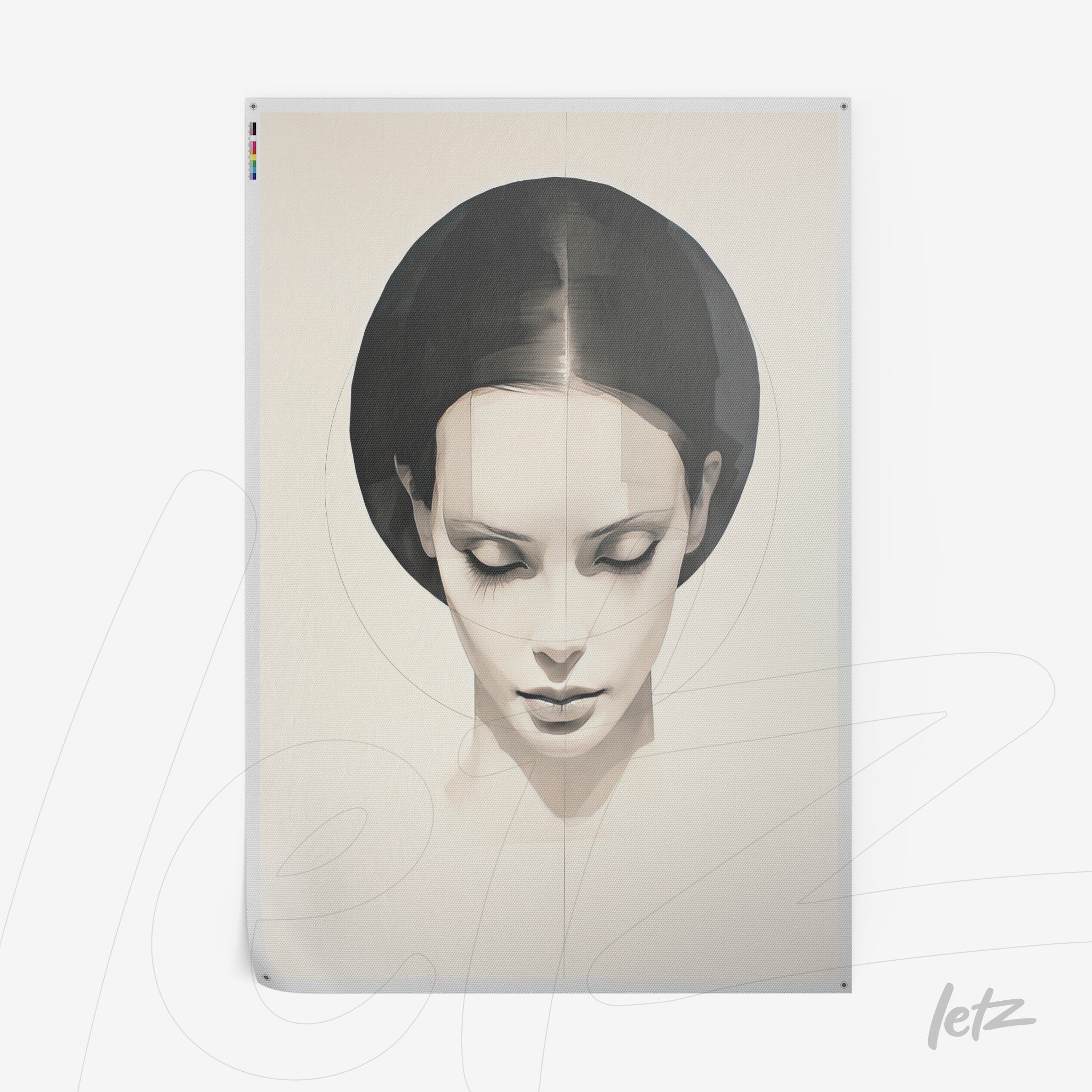 framed artwork featuring a minimalist illustration of a female face with neutral tones