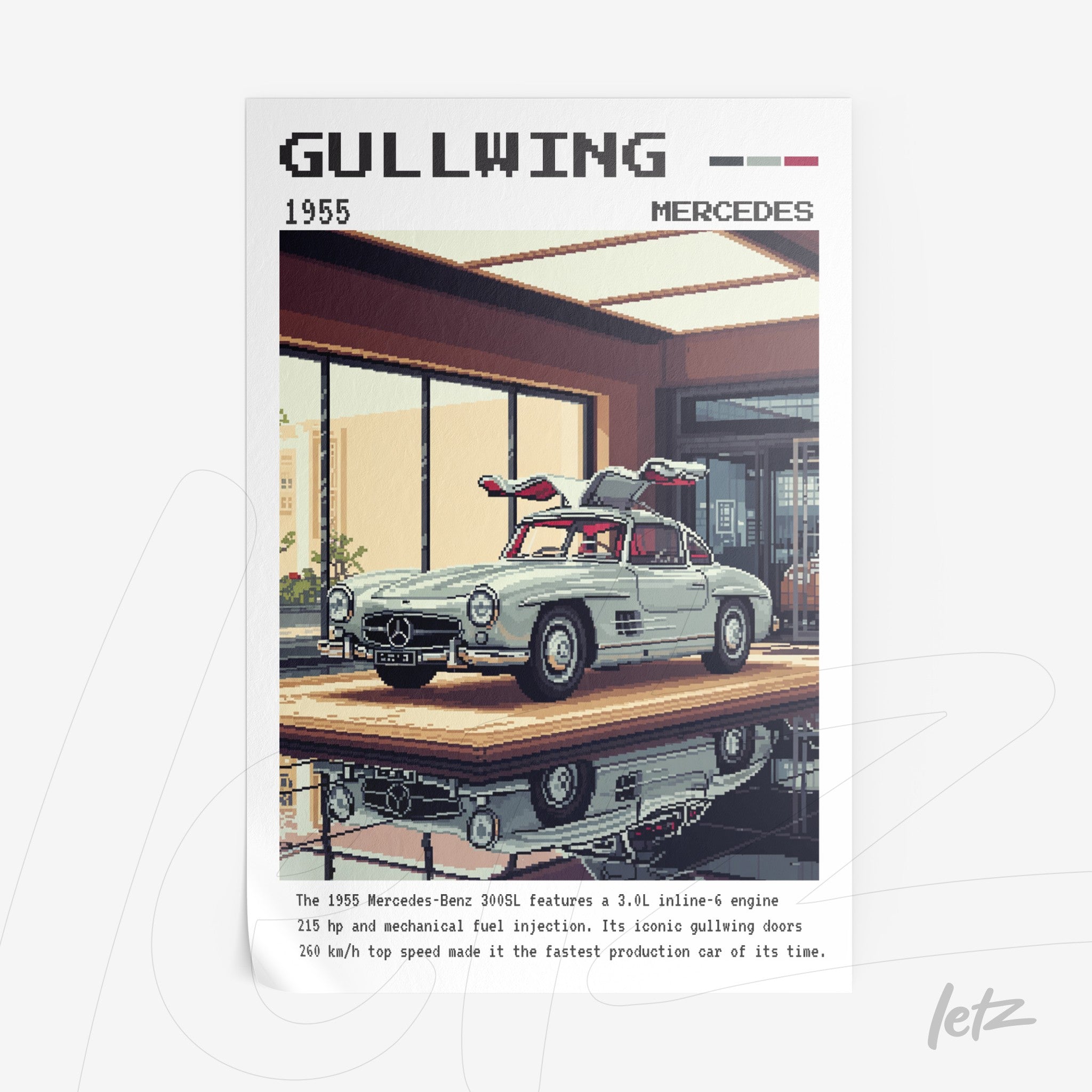 framed wall art of a 1955 Mercedes-Benz 300SL Gullwing in a modern garage with glass doors
