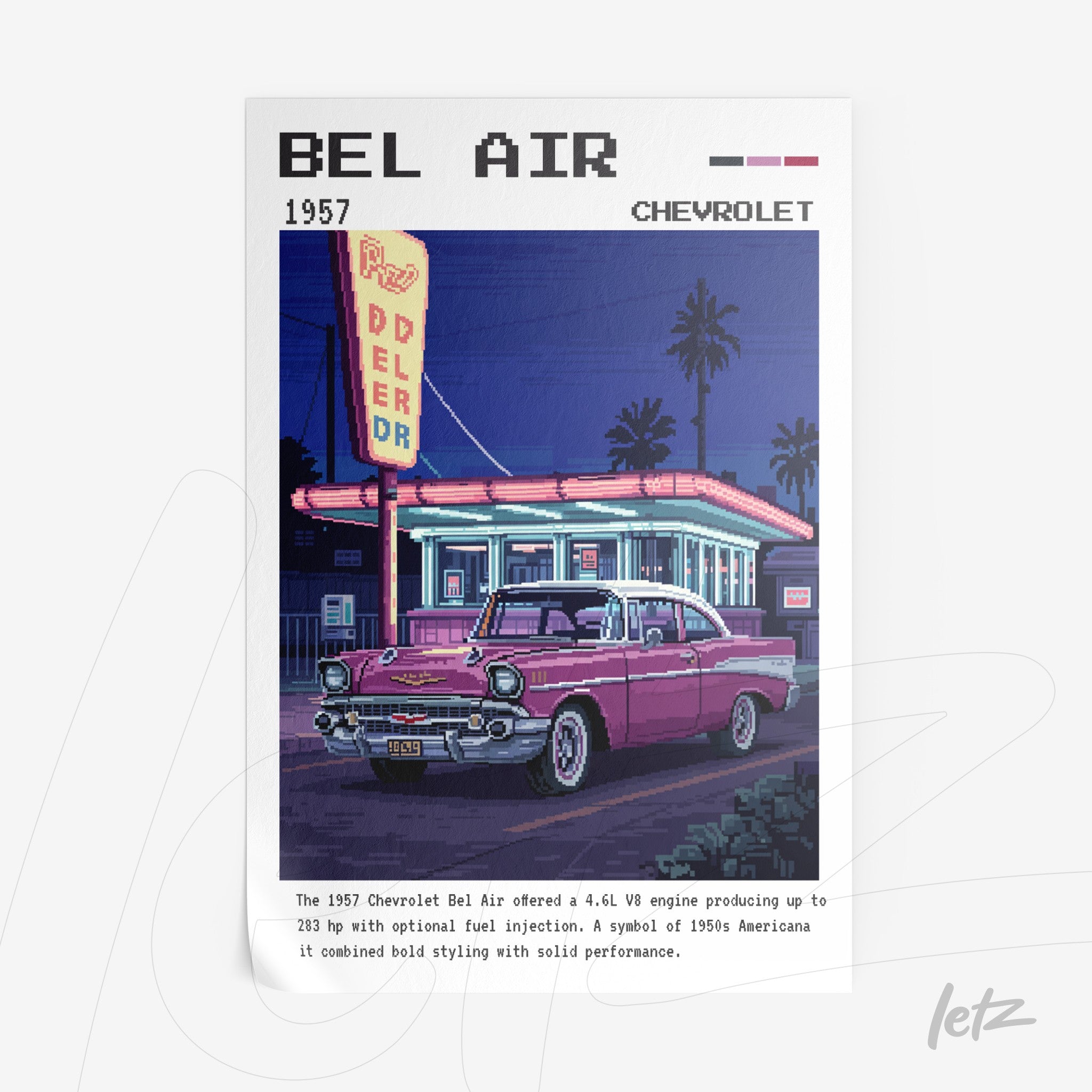 digital artwork of a 1957 Chevrolet Bel Air with a retro neon backdrop