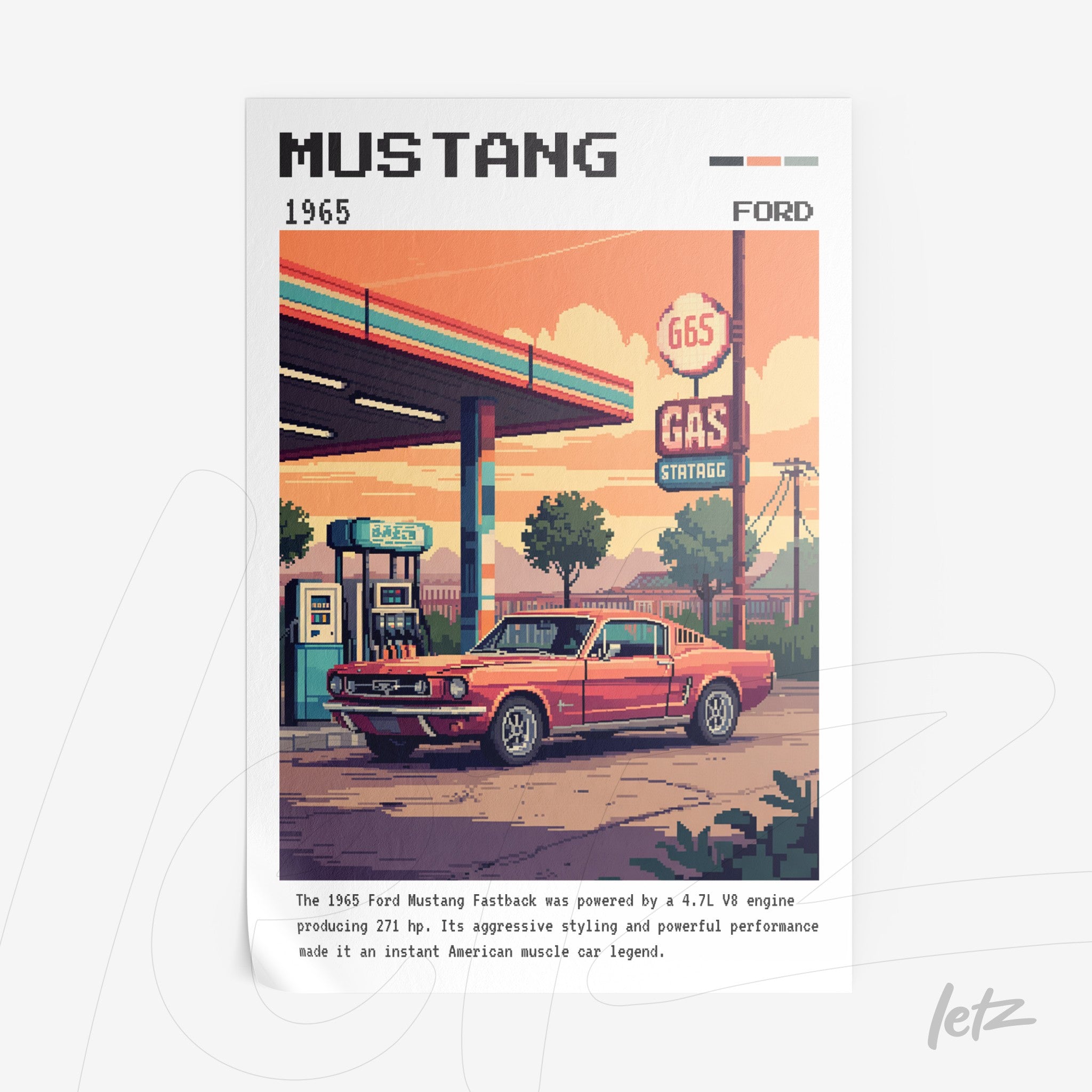 digital artwork featuring a retro illustration of a 1965 Ford Mustang at a gas station, highlighting its iconic design and vibrant colors