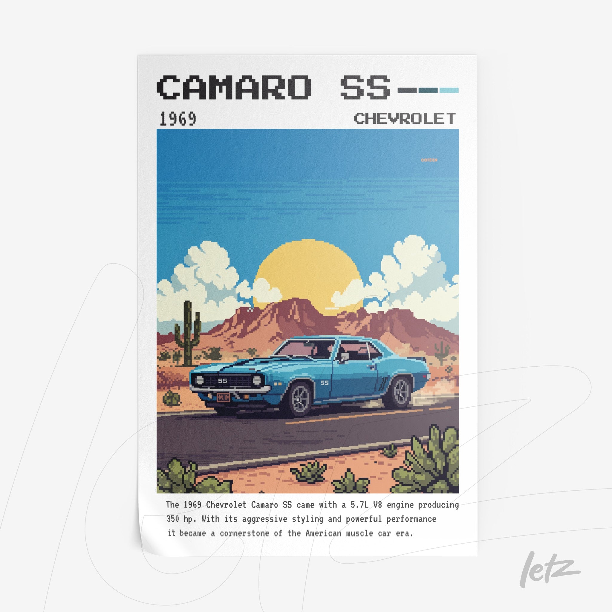 pixel art print of a 1969 Camaro SS in a desert landscape