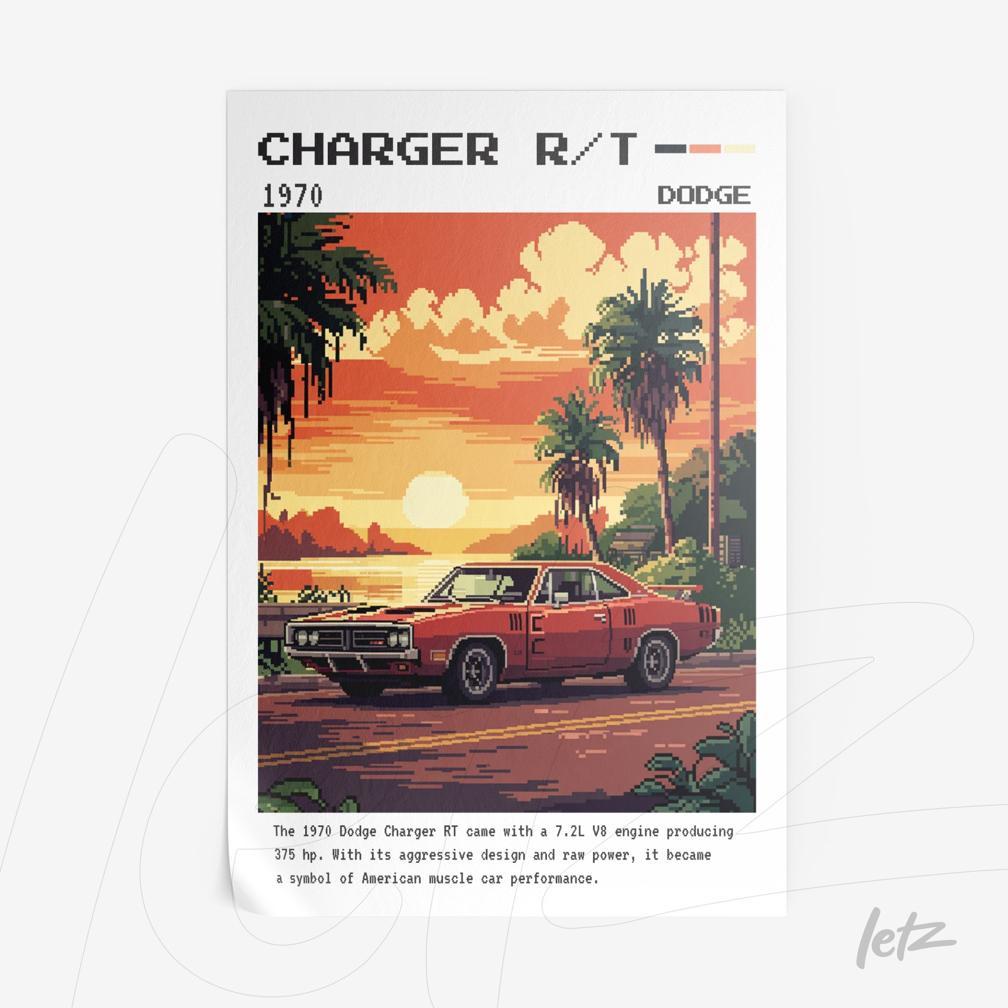 pixel art print of the 1970 Dodge Charger R/T in a tropical sunset landscape