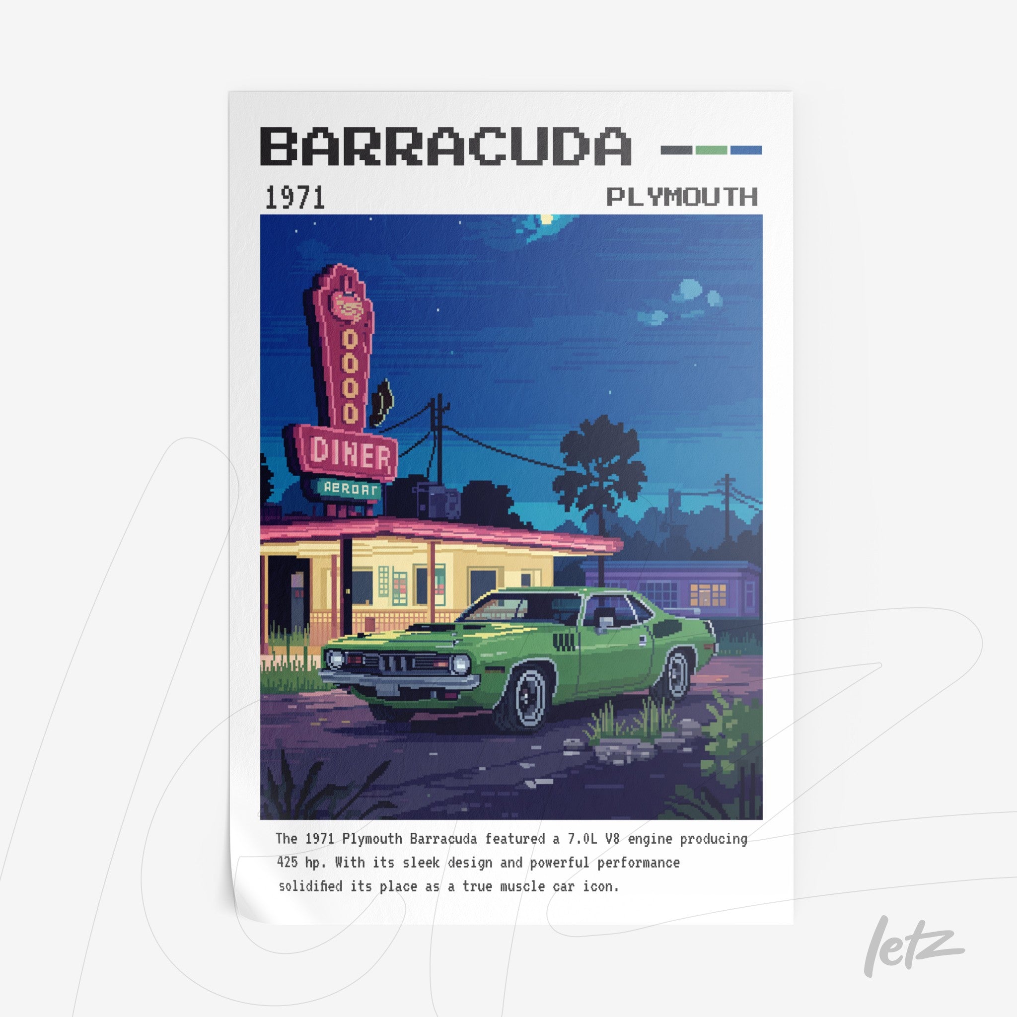 pixel art poster illustration of the Barracuda car in front of a vintage diner illuminated at night