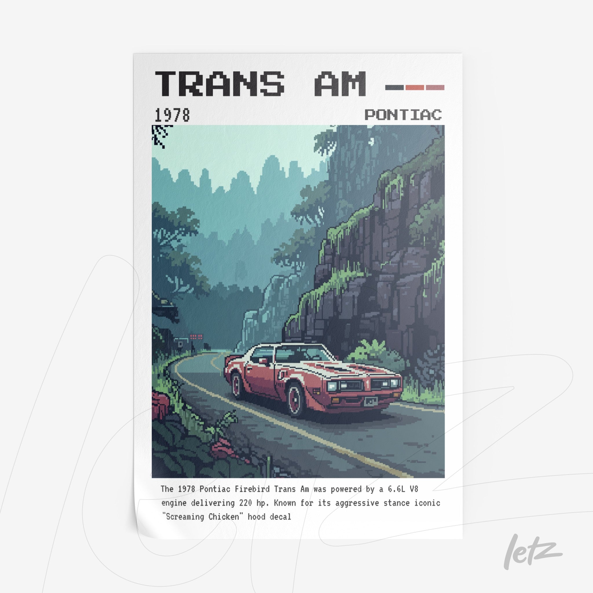 pixel art of the Pontiac Firebird Trans Am on a mountain road