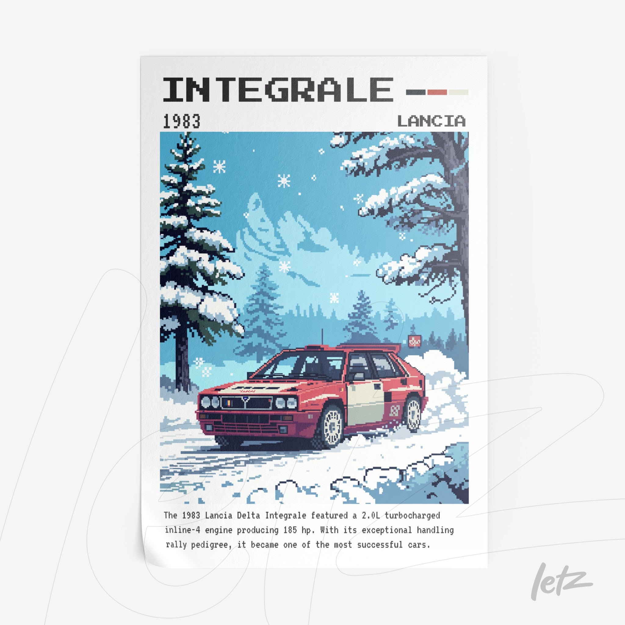 pixel art illustration of Lancia Delta Integrale car with snowy forest background