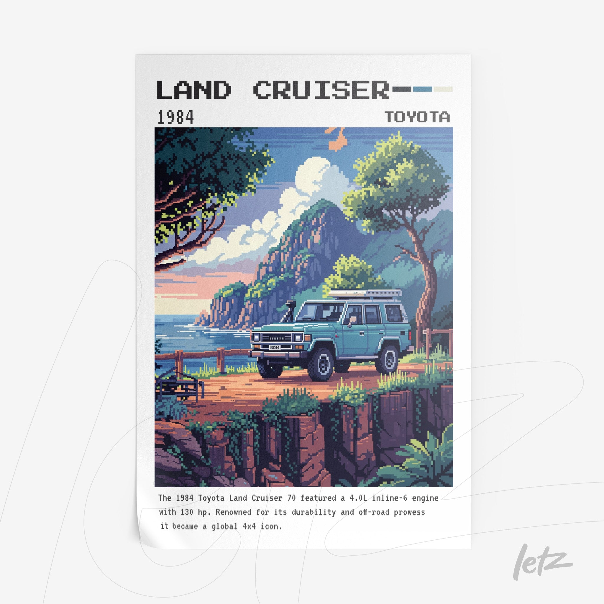 pixel art poster of a 1984 Toyota Land Cruiser in a coastal landscape with mountains in the background