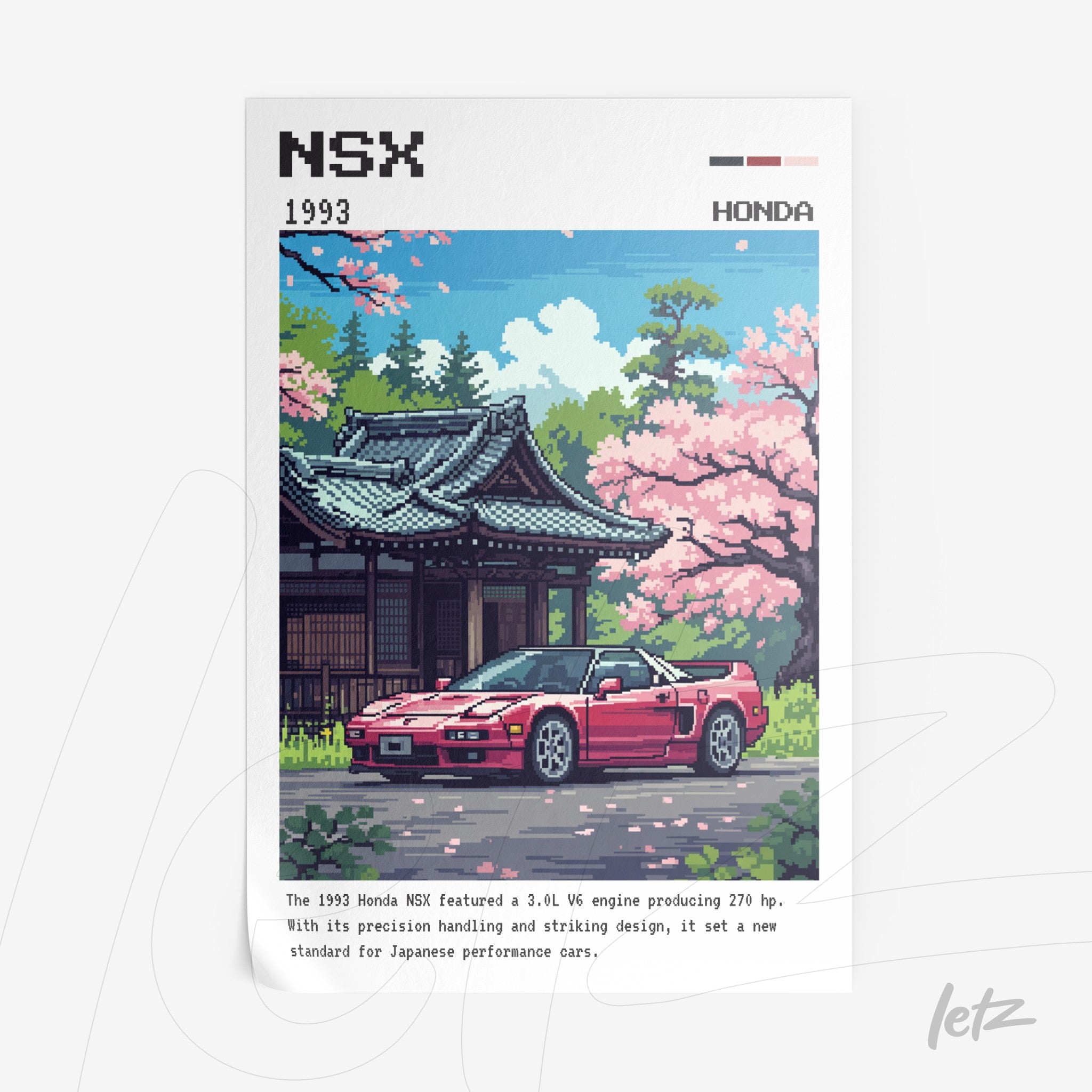pixel art of a red Honda NSX in front of a Japanese temple surrounded by cherry blossom trees