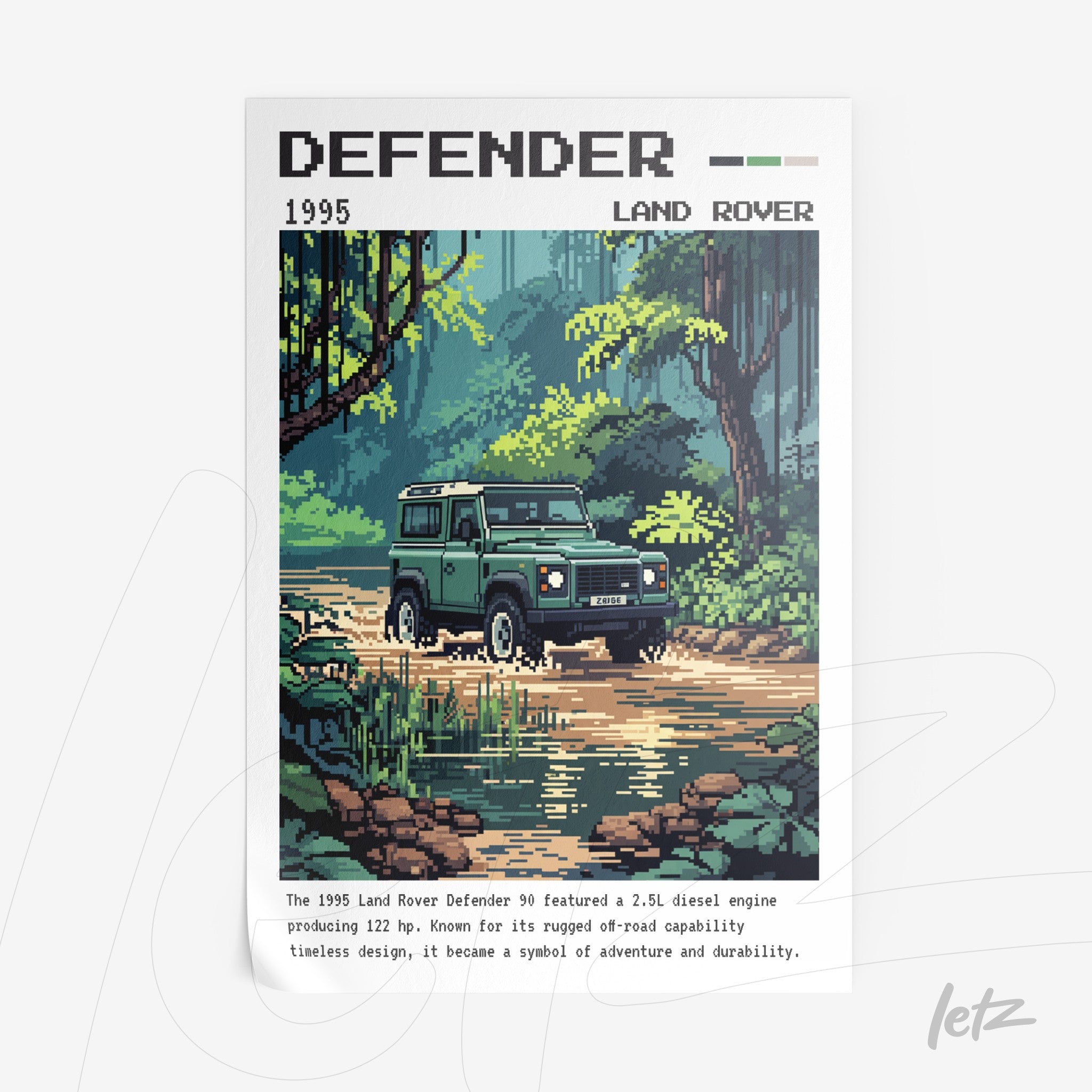 pixel art framed depiction of the 1995 Land Rover Defender surrounded by lush greenery and a river