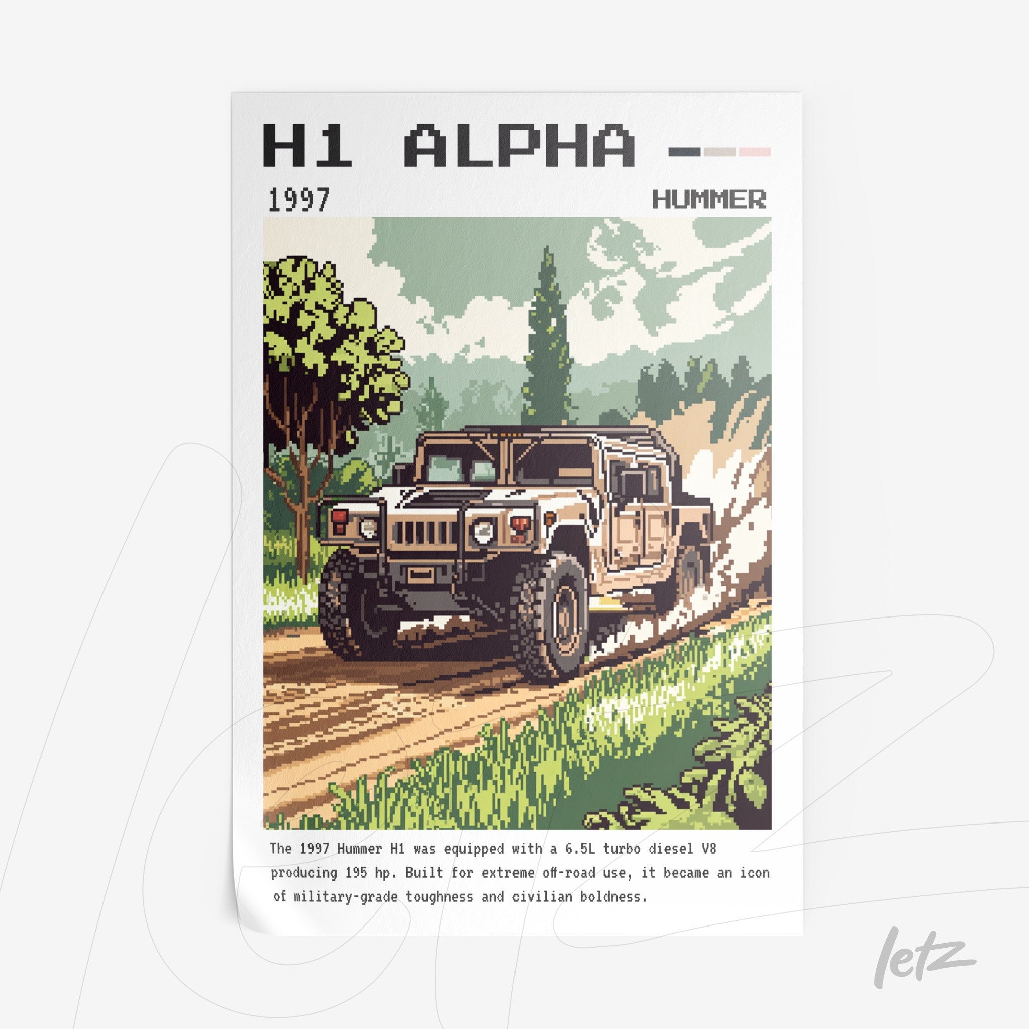 pixel art of a 1997 Hummer H1 on a rural road surrounded by greenery