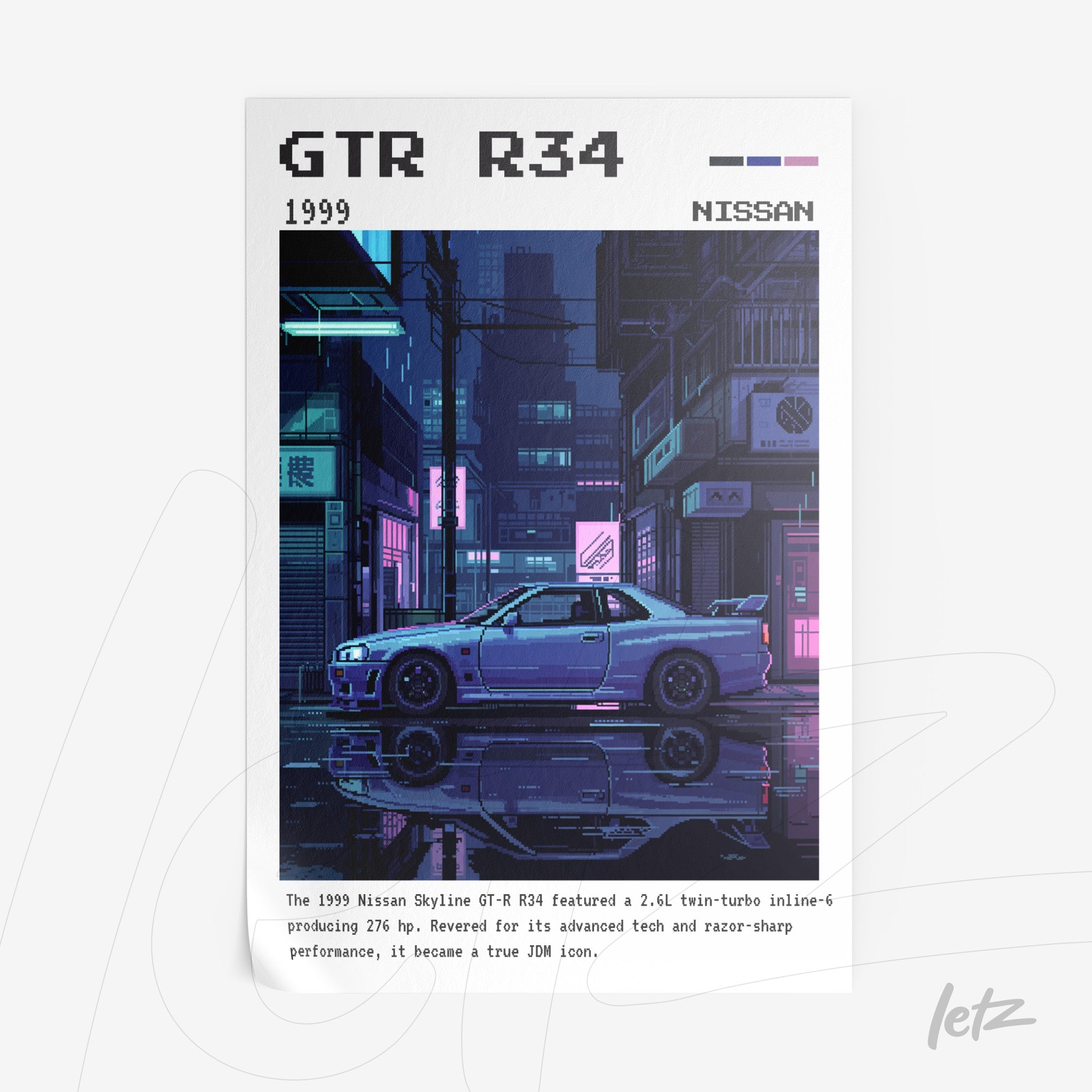 digital artwork of Nissan Skyline GT-R R34 sports car in pixel art style with illuminated urban background at night