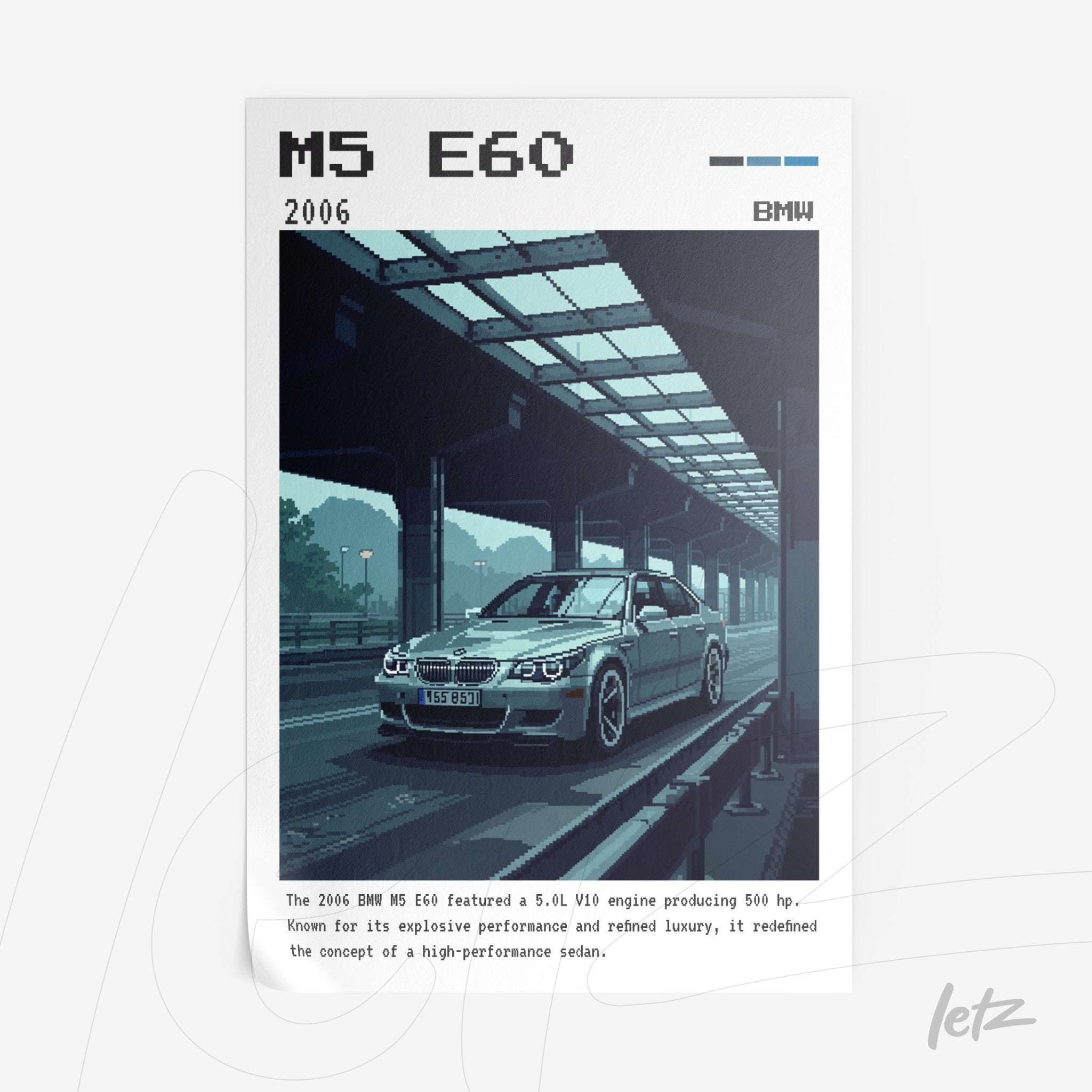 digital art of BMW M5 E60 in pixel art style with urban background