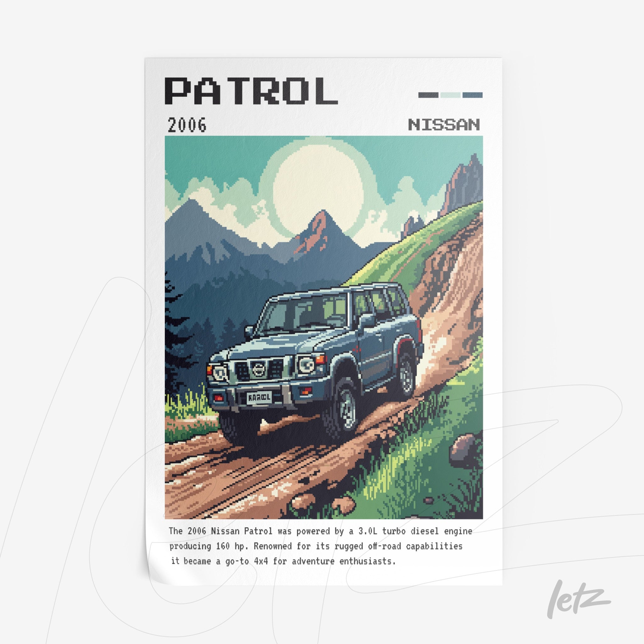 pixel art of a 2006 Nissan Patrol driving on a dirt road with a mountainous background