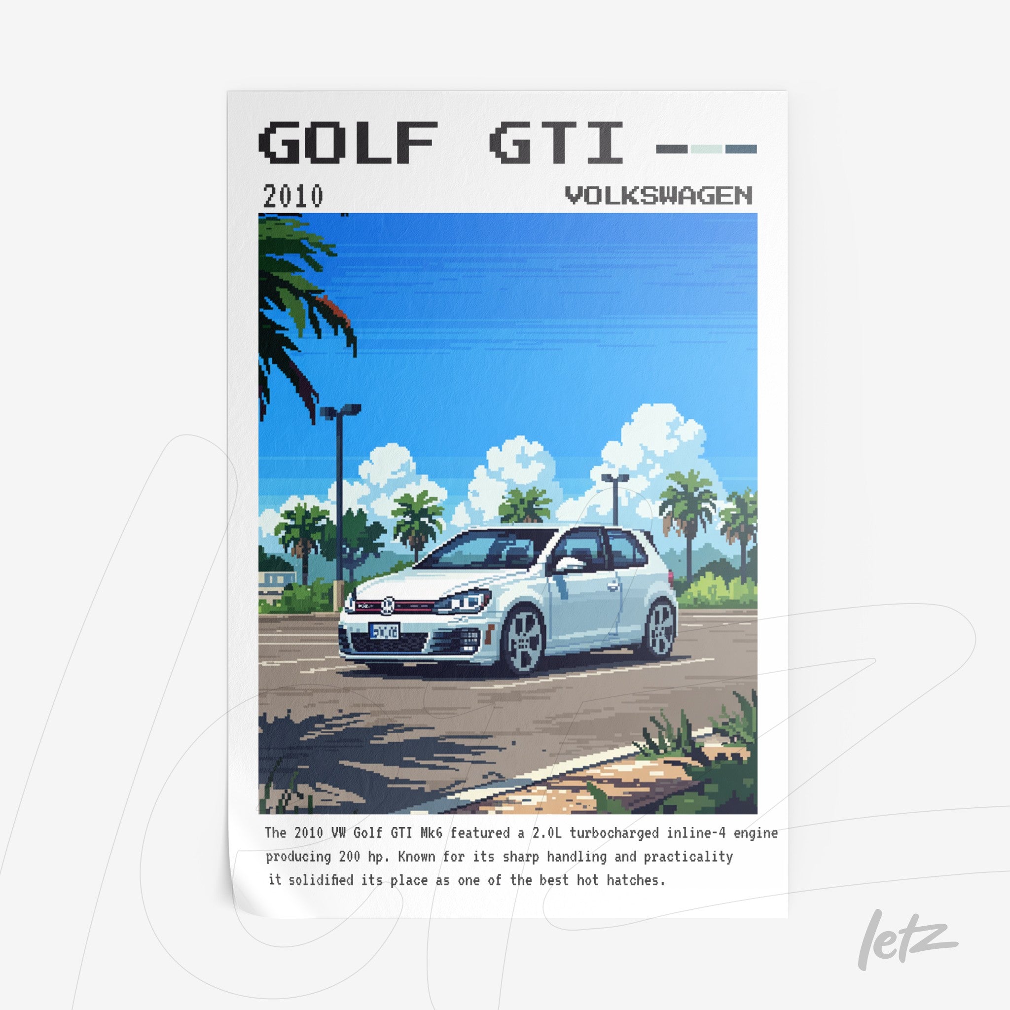 digital art of a Volkswagen Golf GTI in pixel style with a tropical background