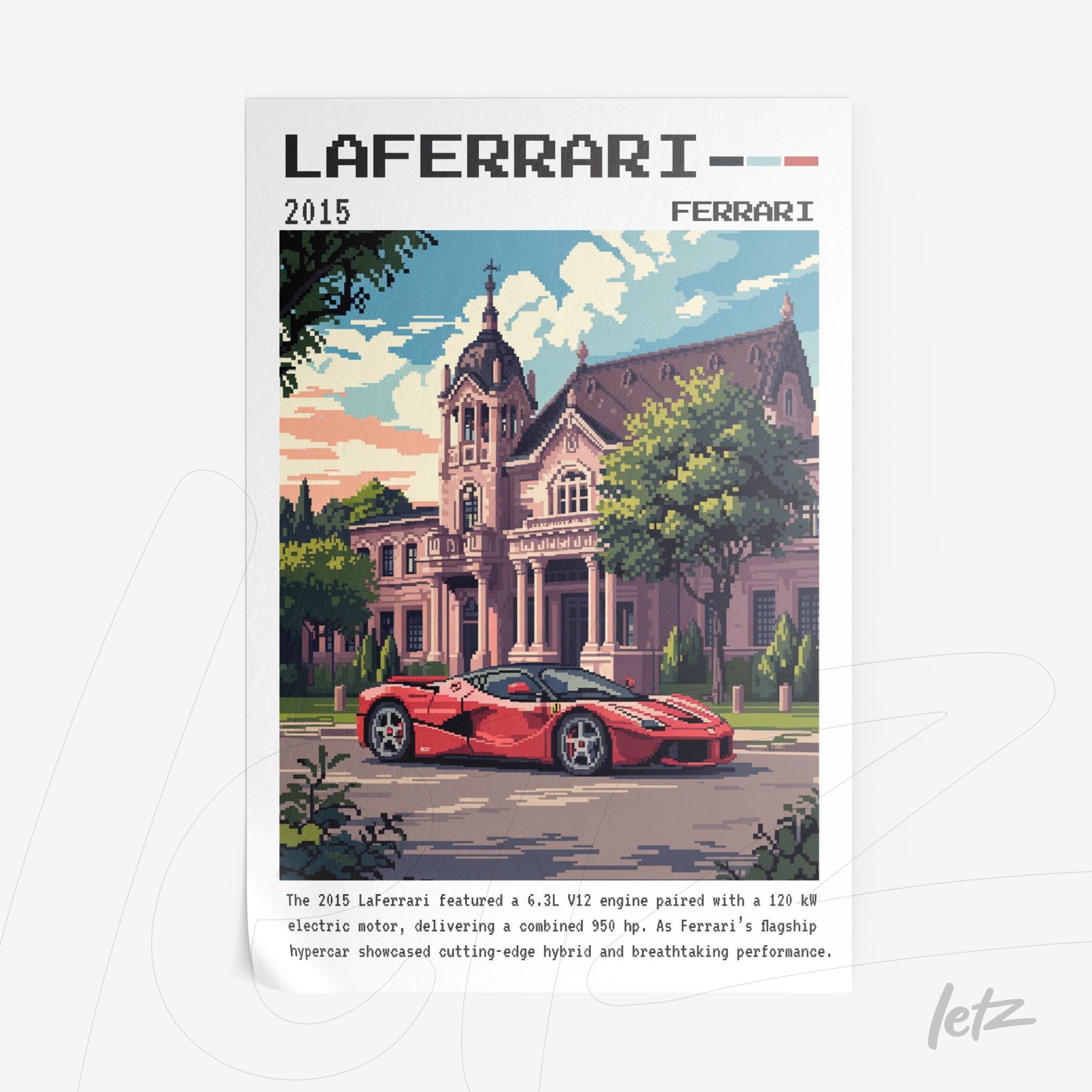 pixel art print of a LaFerrari sports car in front of a classic mansion