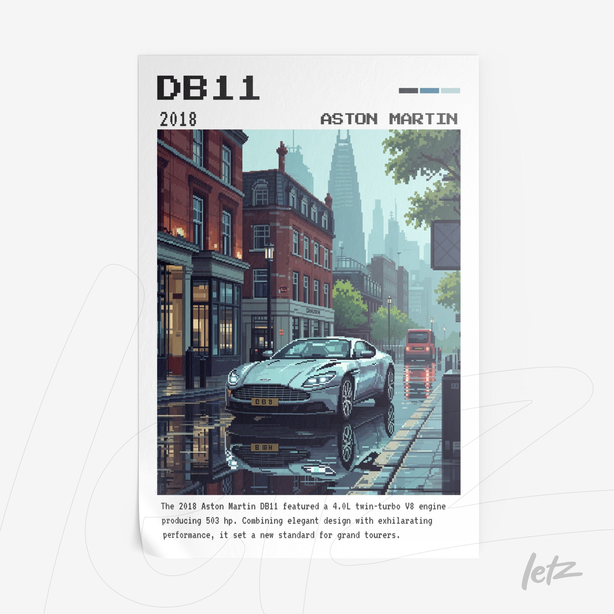 pixel art of an aston martin db11 car against a rainy city background