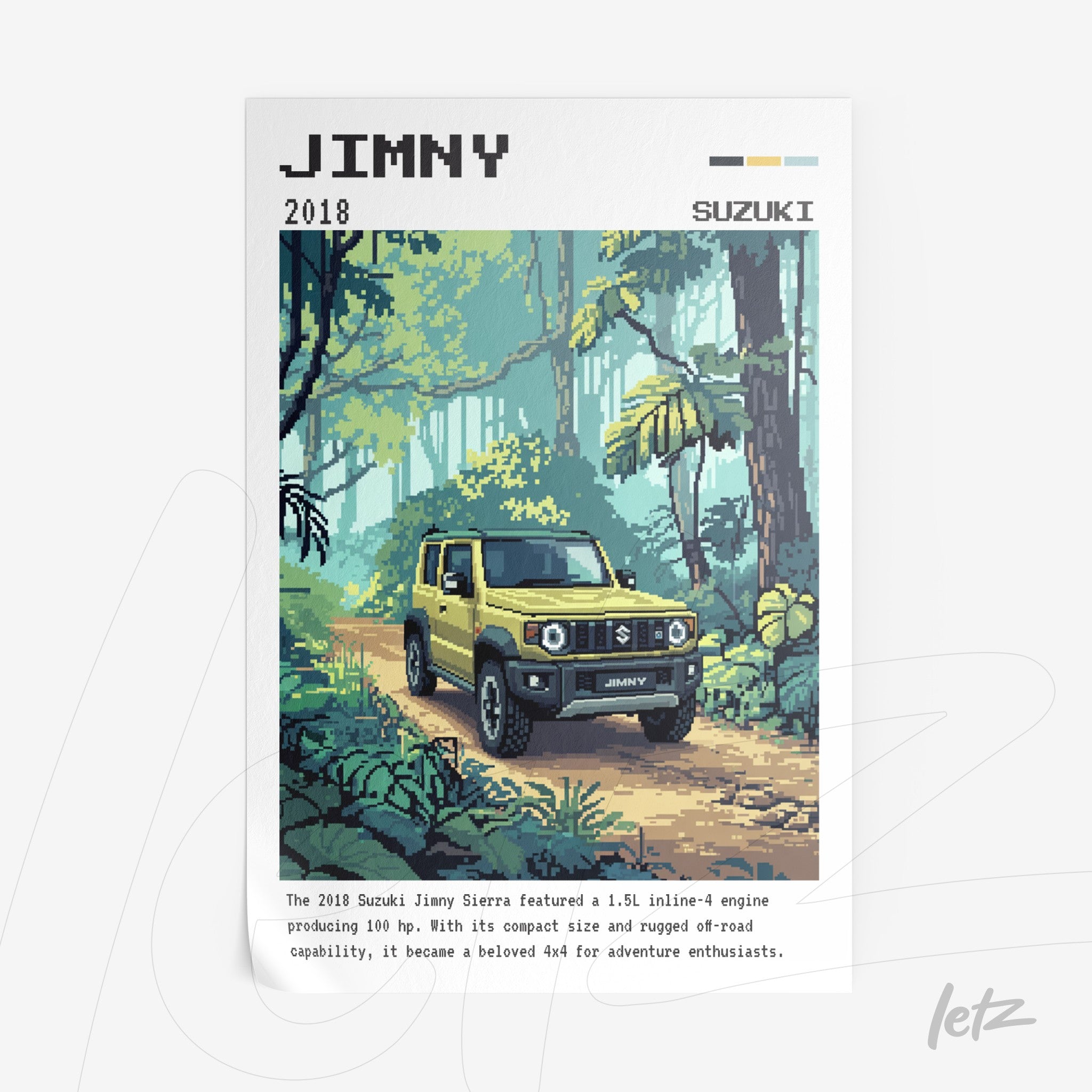 pixel art depicting a 2018 Suzuki Jimny in a tropical forest setting
