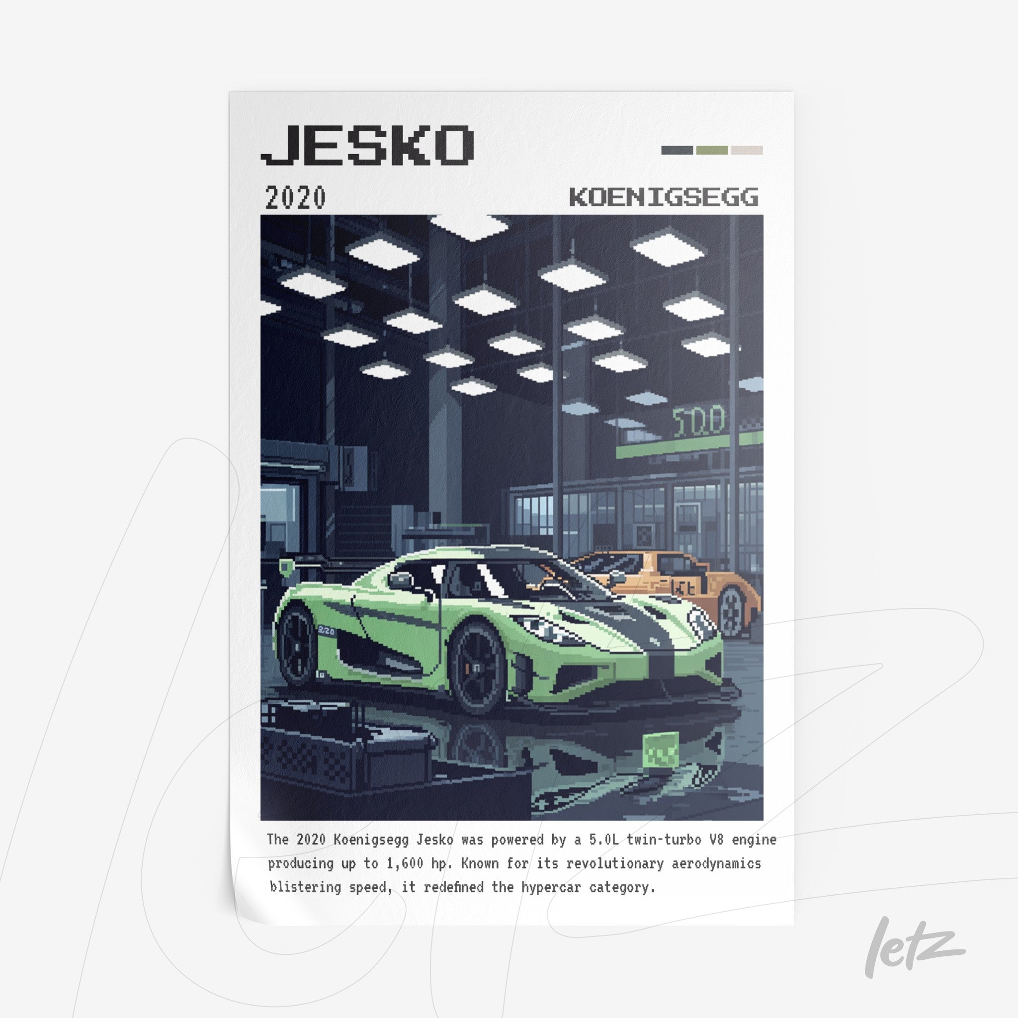 pixel art poster of Koenigsegg Jesko in a modern setting with a dark background