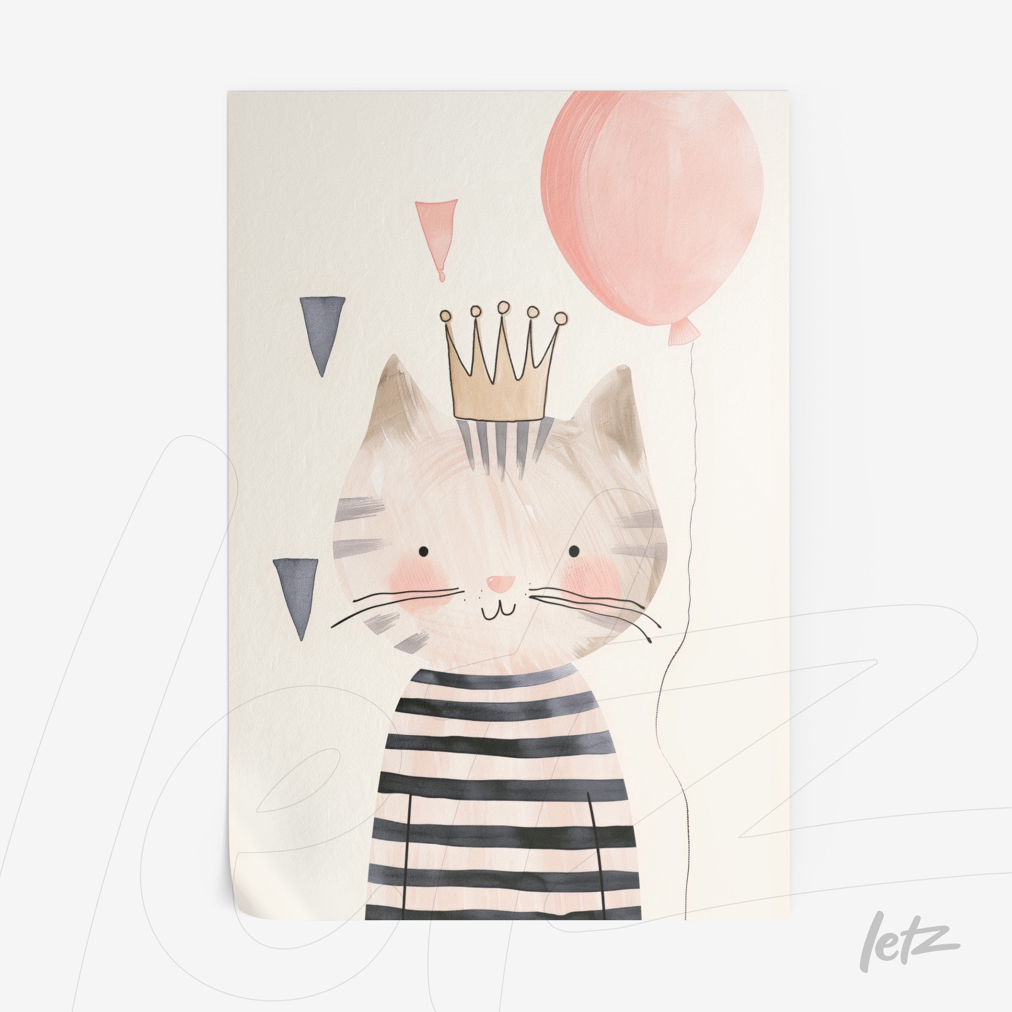digital illustration of a cartoon cat with a crown and balloon, light background with colorful geometric shapes