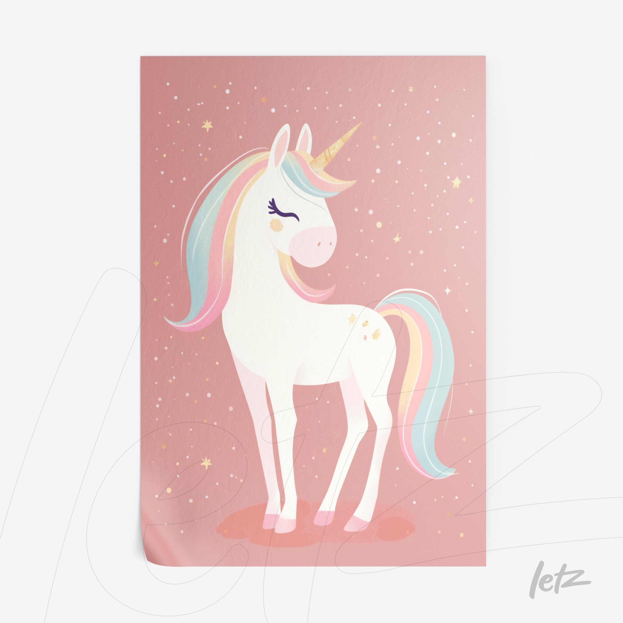 children's wall art featuring a unicorn illustration on a pink background with stars