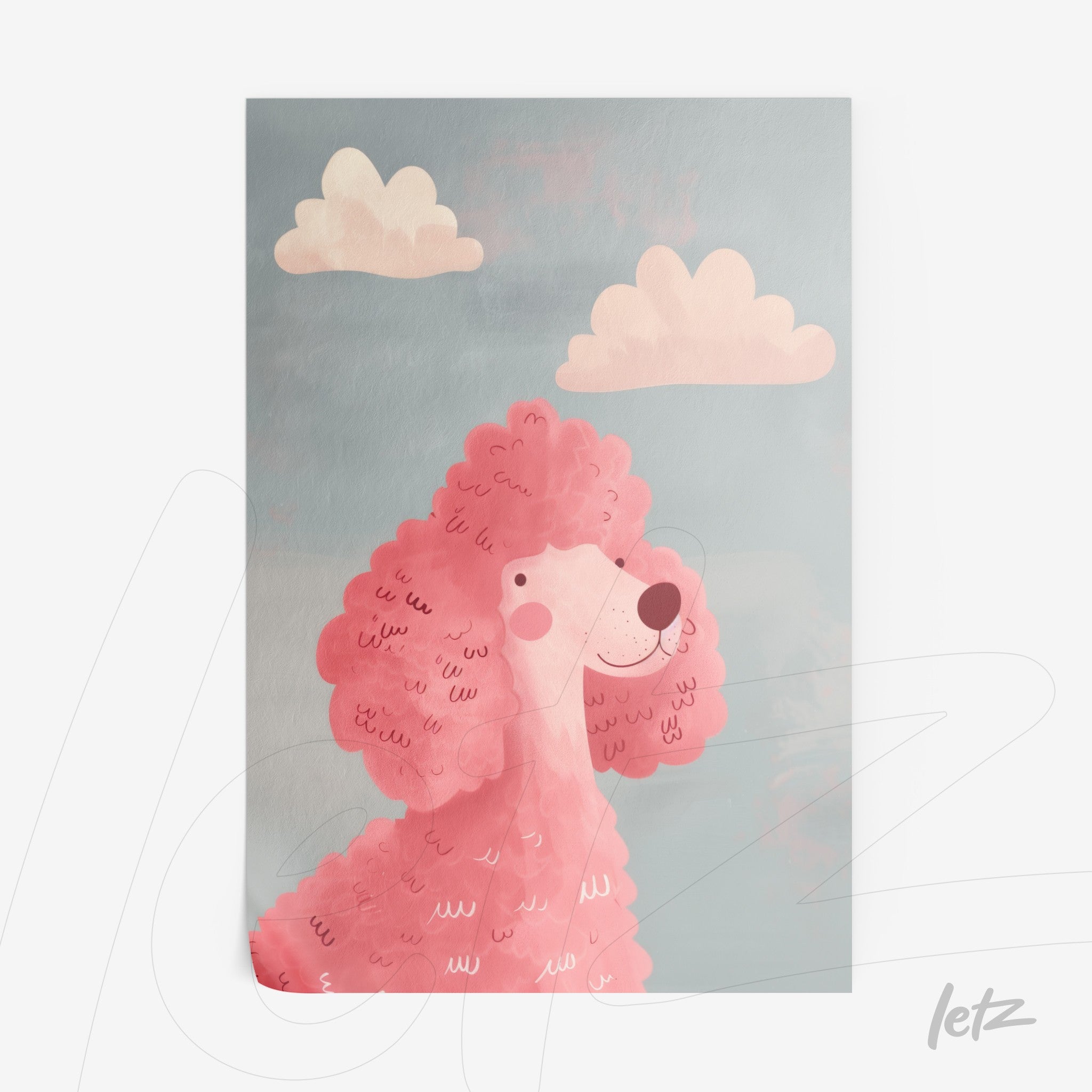 framed wall art featuring a smiling pink poodle against a blue background with light clouds