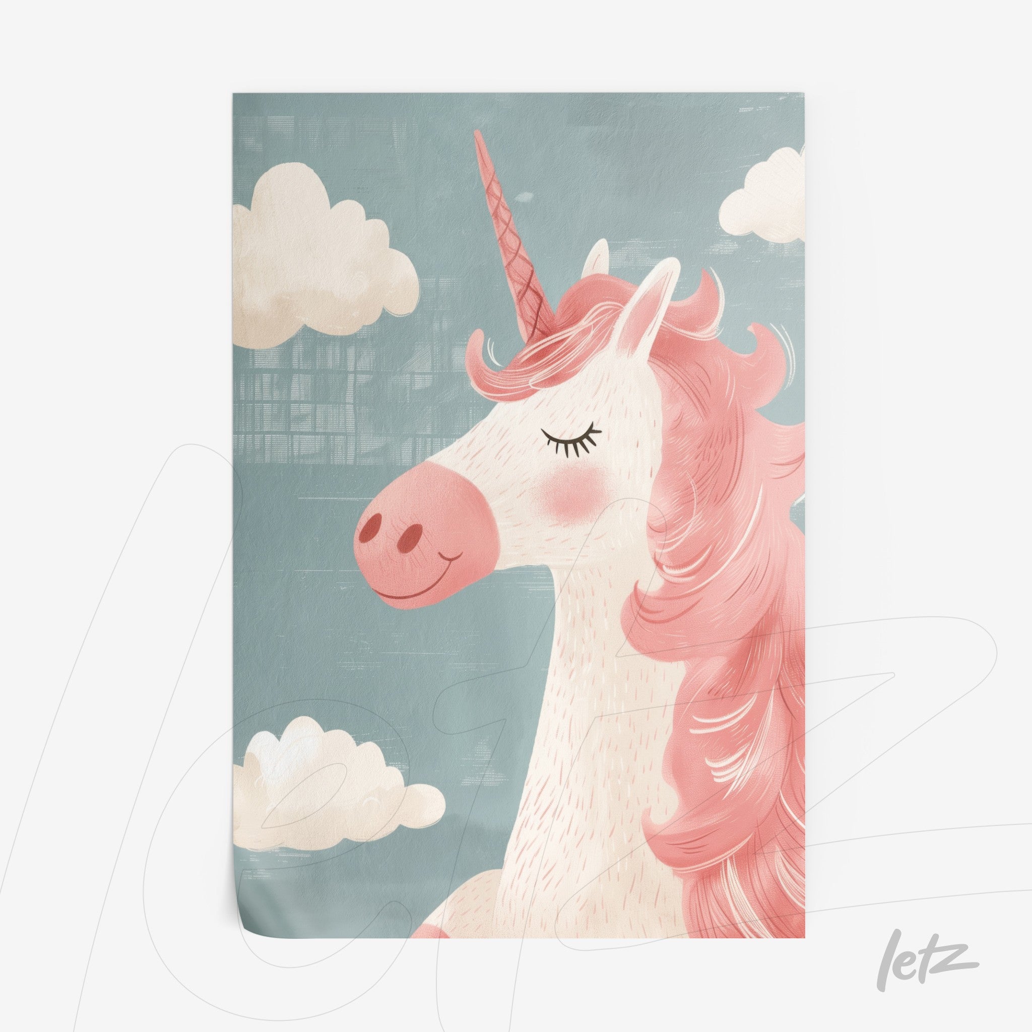 framed artwork featuring a smiling pink unicorn with wavy mane on a soft blue background