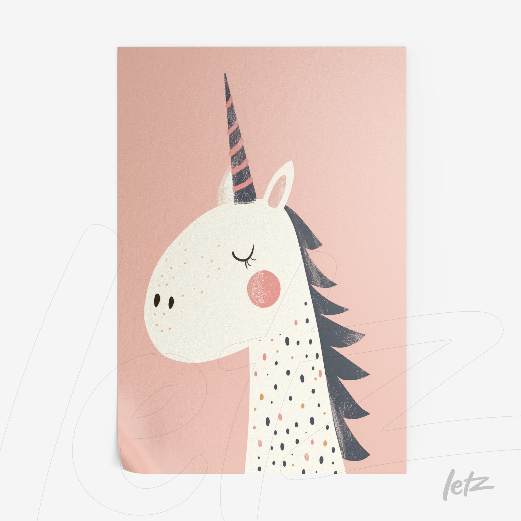 illustration of a unicorn on soft pink background with dotted details and gray mane