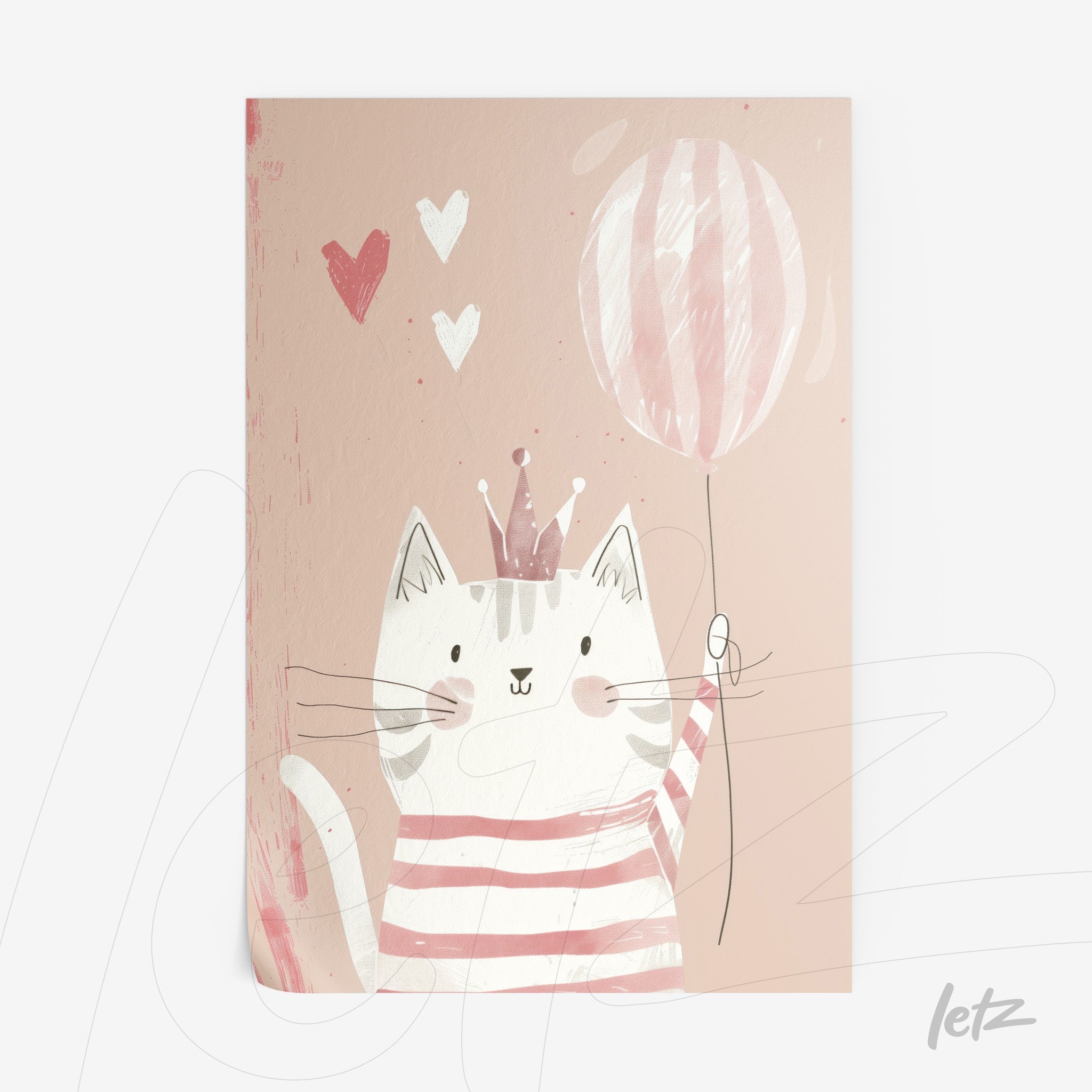 cute wall art featuring a playful cat holding a balloon, light pink background with hearts