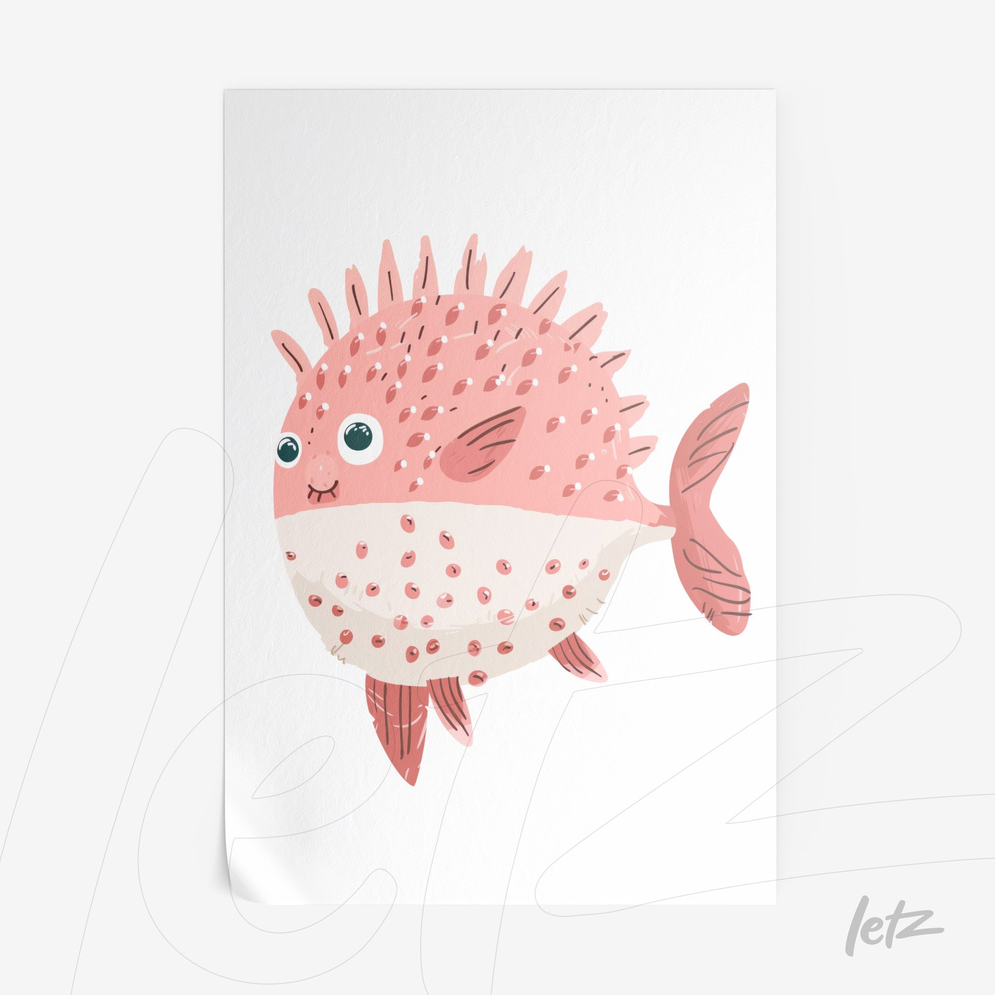 framed artwork featuring a cute pink fish with spikes and spots, against a white background